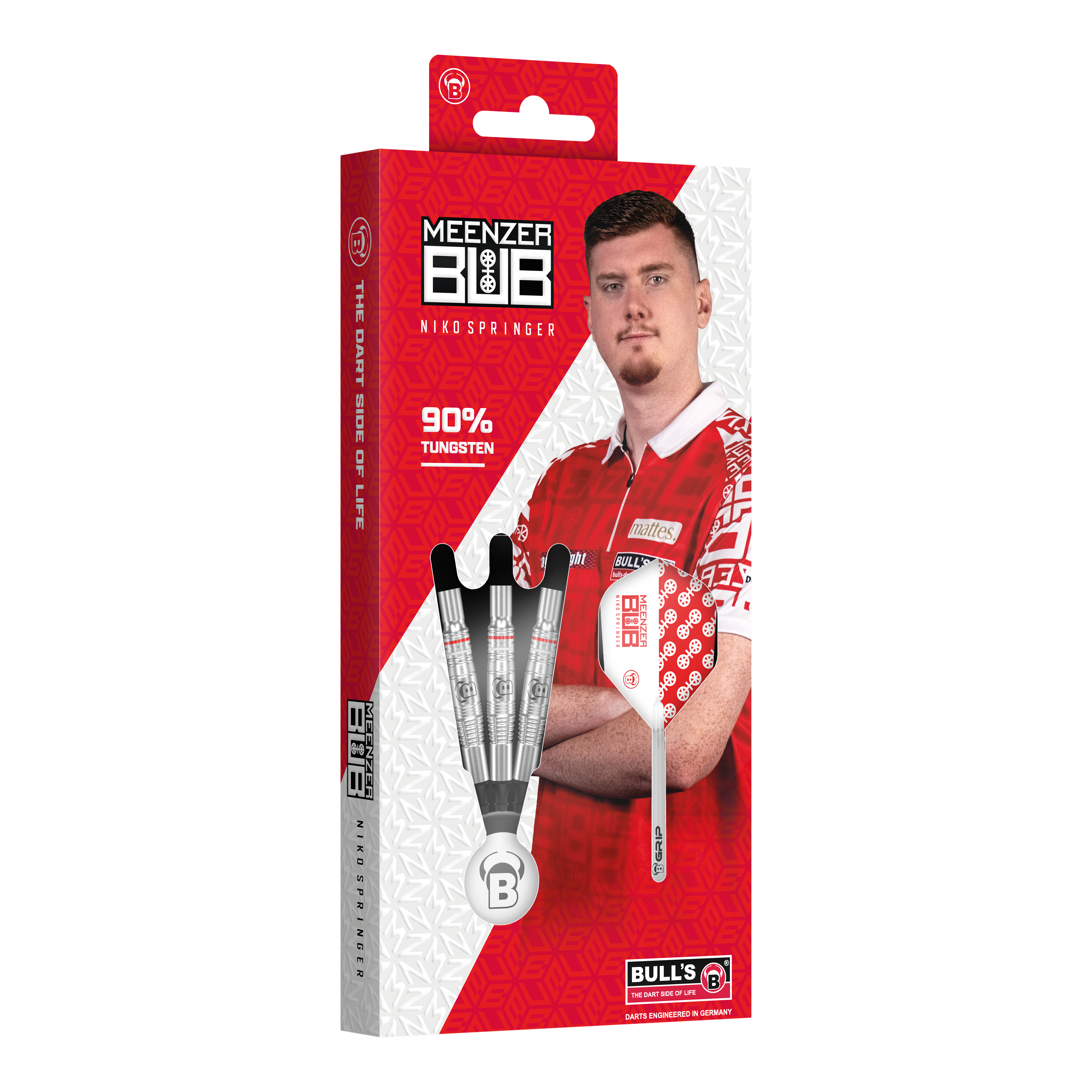Auf dem Bild ist die Verpackung der "Bulls Niko Springer Softdarts - 22g" zu sehen. Die Packung zeigt drei Dartpfeile und ein Portrait von Niko Springer.