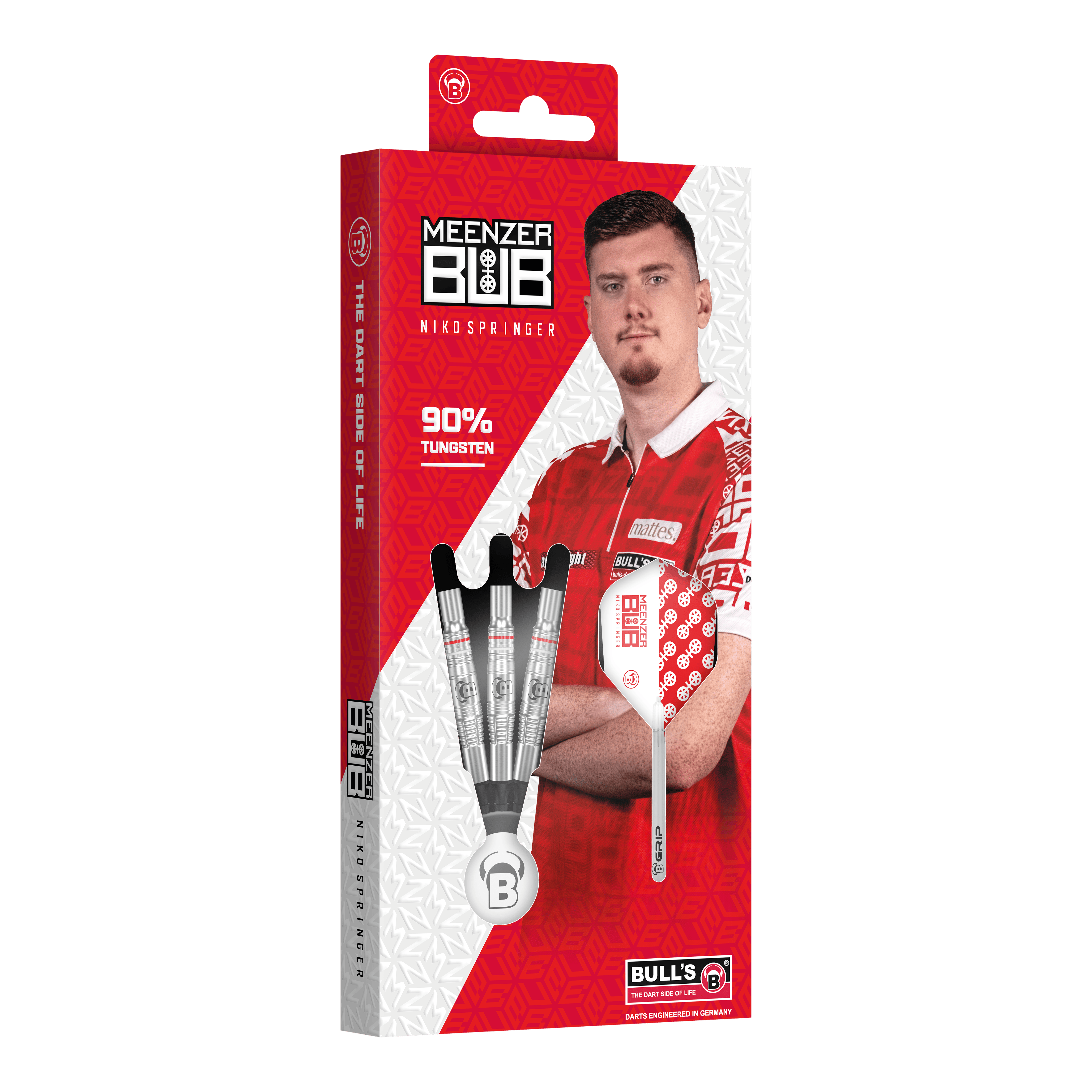 Fléchettes souples Bulls Niko Springer - 22 g Auf dem Bild ist die Verpackung der "Bulls Niko Springer Softdarts - 22g" zu sehen. Die Packung zeigt drei Dartpfeile und ein Portrait von Niko Springer.