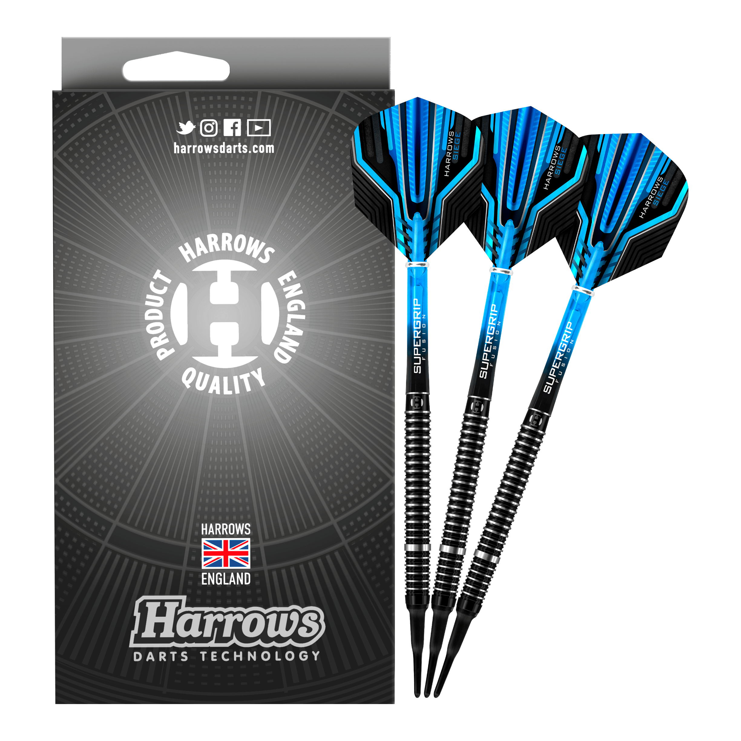 Fléchettes de siège Harrows Softdarts Das Bild zeigt eine Packung Harrows Siege Softdarts mit drei blauen und schwarzen Darts. Auf der Verpackung steht "Harrows Darts Technology" und ein Qualitätssiegel aus England.