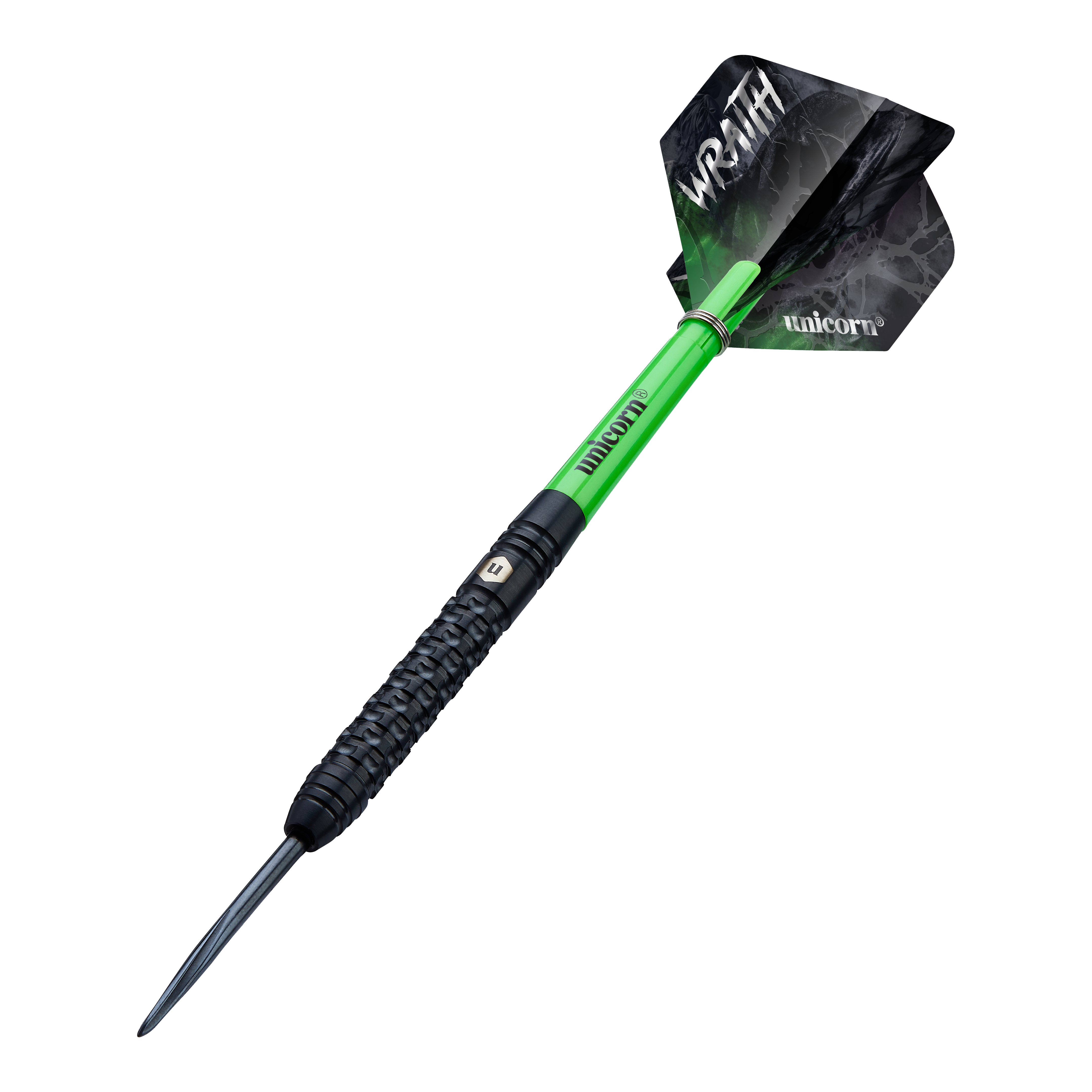 Fléchettes en acier Unicorn Wraith Das Bild zeigt einen Unicorn Wraith Steeldart mit einem schwarzen und grünen Design. Auf den Flights stehen die Wörter "WRAITH" und "unicorn".