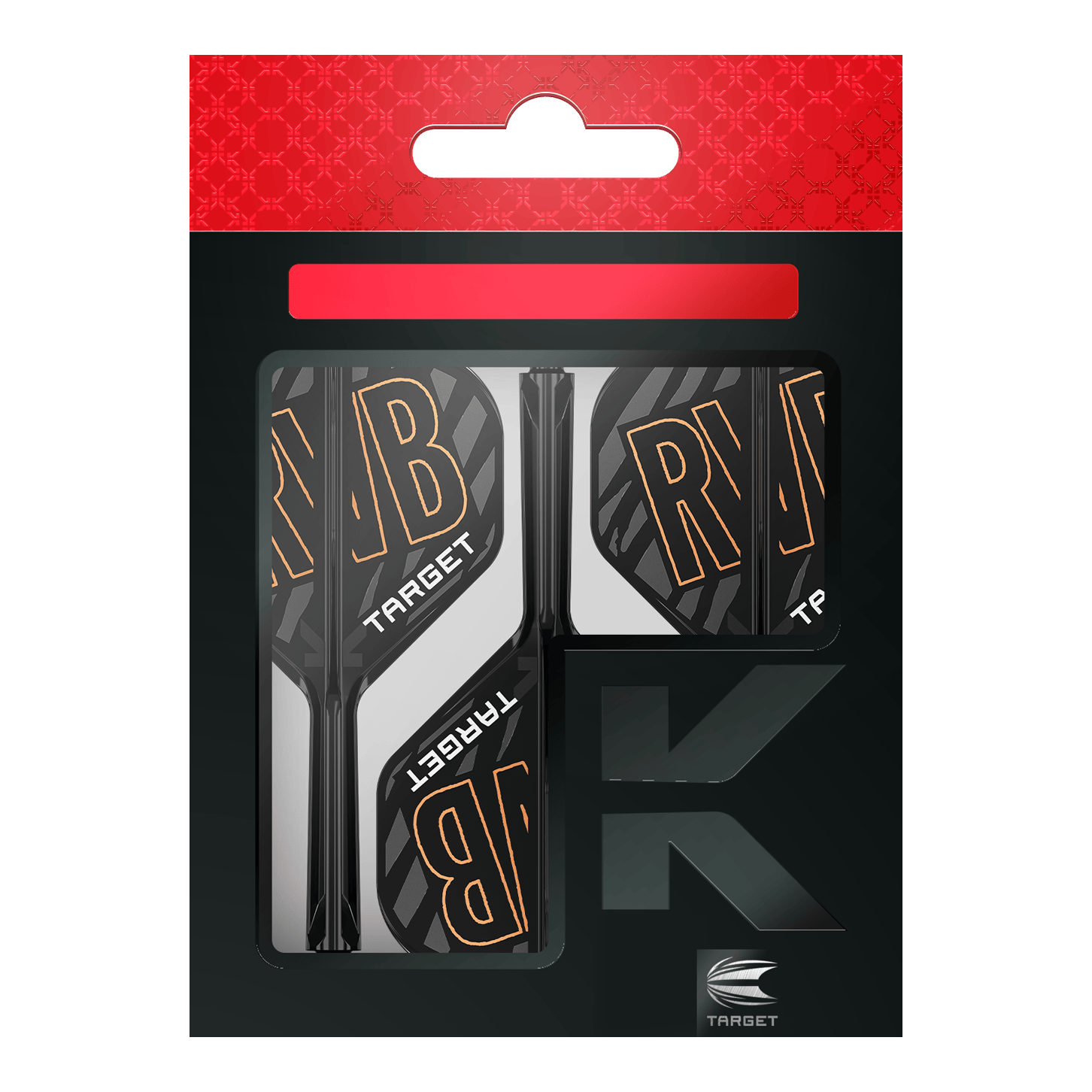 Système d'arbre de vol standard Target K-Flex Raymond Van Barneveld No2 Auf dem Bild ist eine Verpackung mit Dartflights und -schäften der Marke Target zu sehen. Die Flights tragen die Buchstaben "RVB" und sind schwarz-weiß mit orangener Schrift gestaltet.