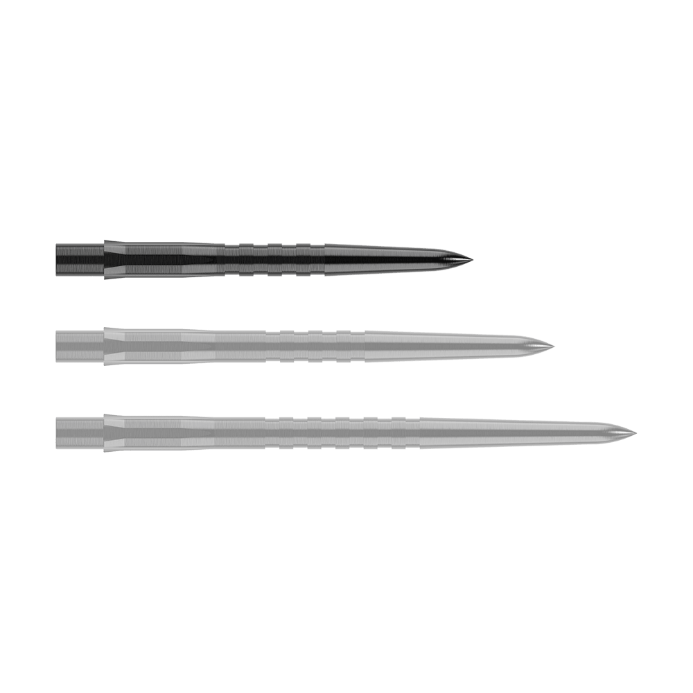 Embouts de fléchettes Mission Caliburn EVO - Rainurés - Noirs Auf dem Bild sind drei schwarze, gerillte Steeldartspitzen zu sehen. Sie liegen parallel nebeneinander auf einem transparenten Hintergrund.