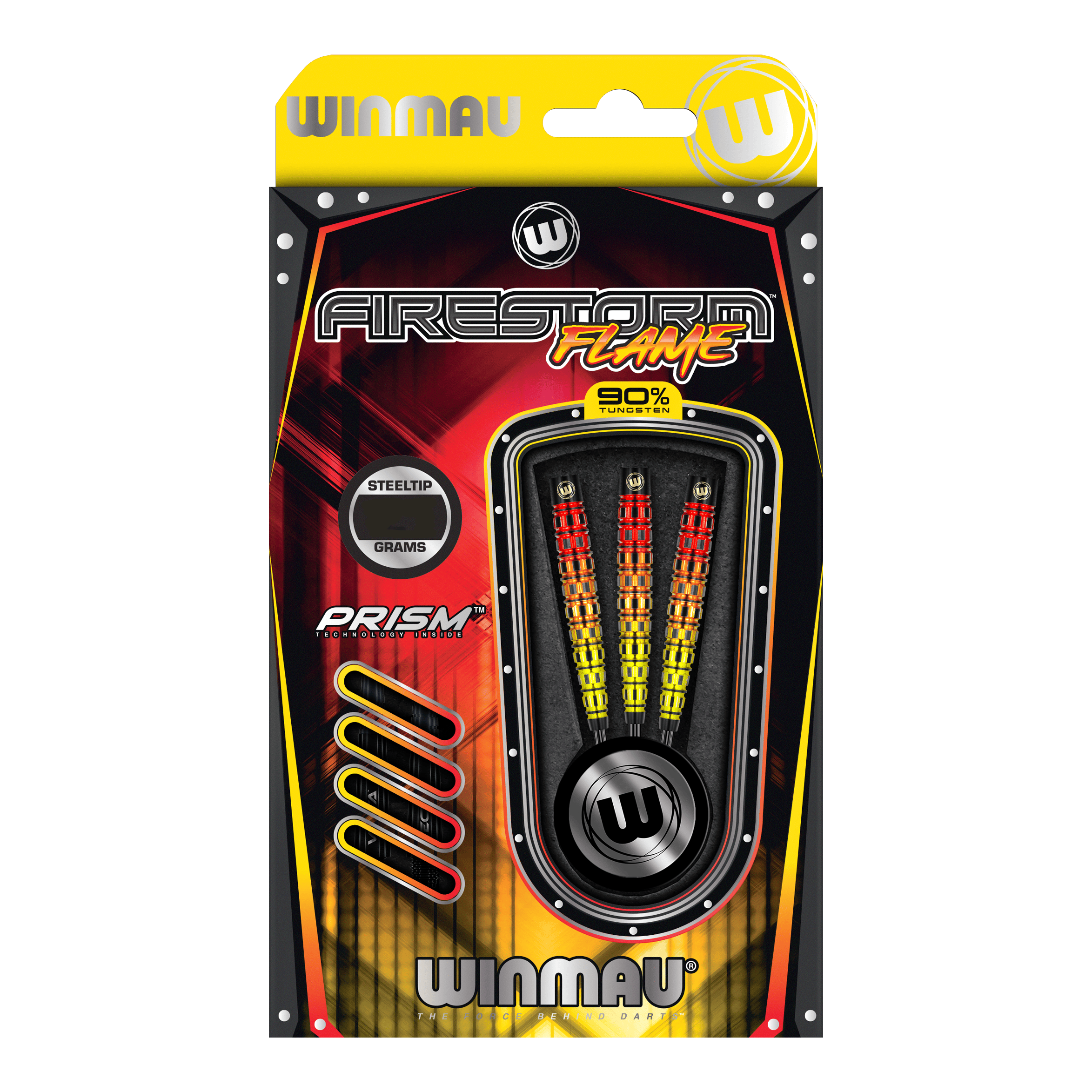 Fléchettes coniques en acier Winmau Firestorm Flame Das Bild zeigt die Verpackung der "Winmau Firestorm Flame Tapered Steeldarts". In der Verpackung sind drei bunte Stahlspitzendarts mit einem auffälligen Flammen-Design zu sehen.