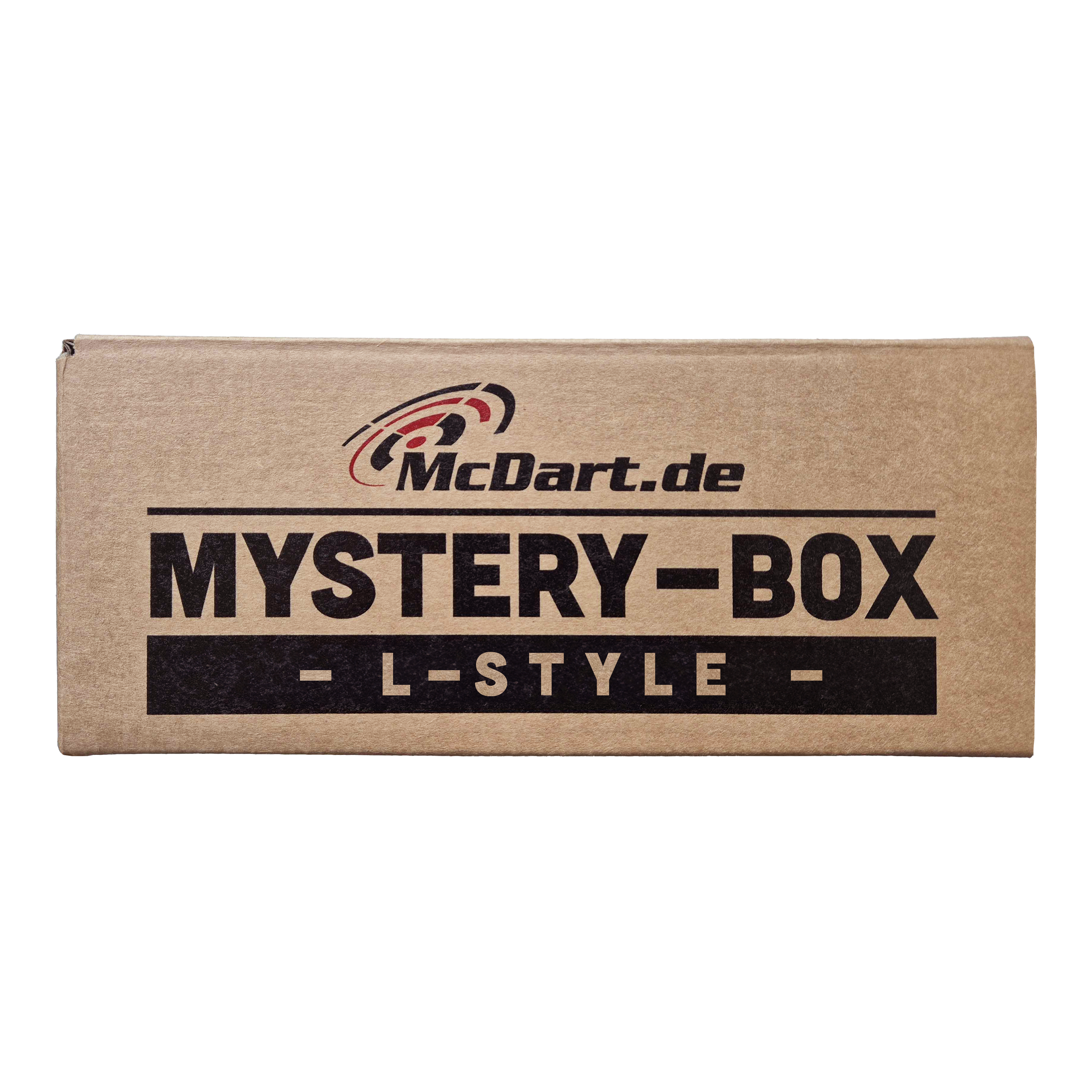 Boîte mystère McDart - Style L Auf dem Bild ist eine braune Box mit der Aufschrift "McDart.de Mystery-Box - L-Style -" zu sehen. Die Box sieht verschlossen aus und weckt Neugier auf den Inhalt.