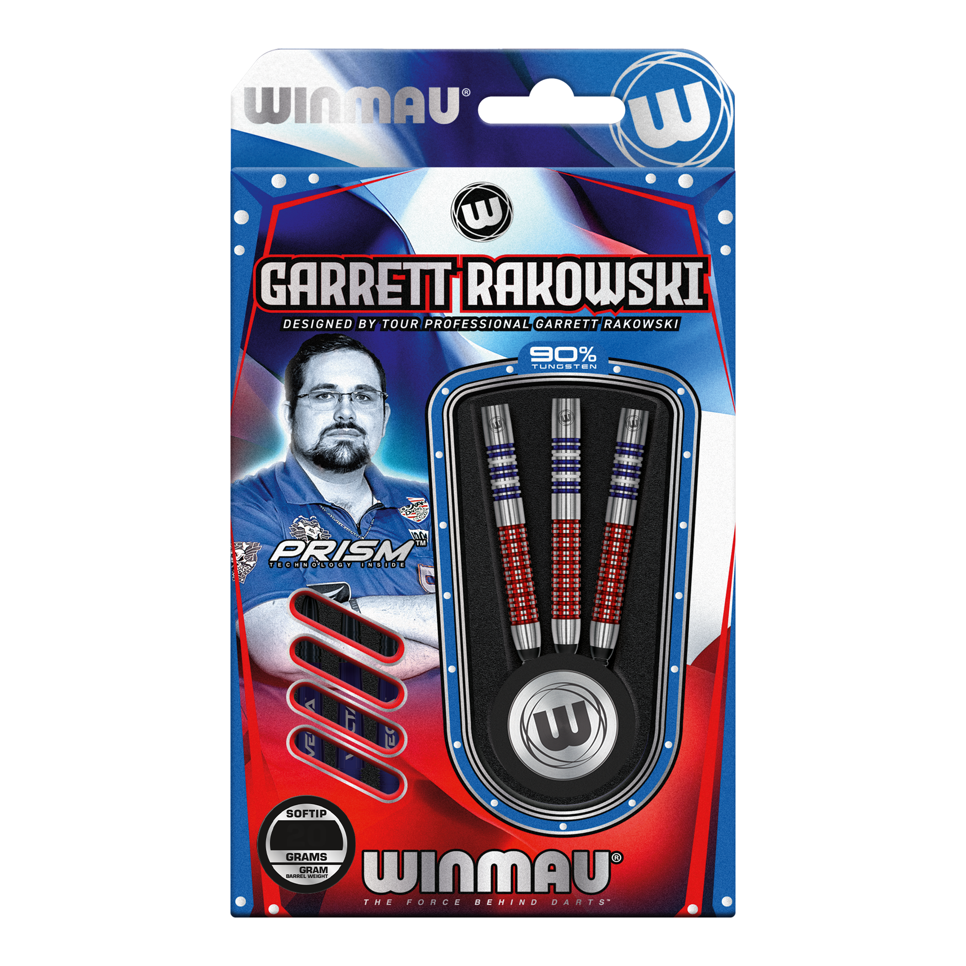 Fléchettes souples Winmau Garrett Rakowski - 20g Auf dem Bild ist eine Verpackung der "Winmau Garrett Rakowski Softdarts - 20g" zu sehen. Die Verpackung zeigt die Darts sowie ein Bild von Garrett Rakowski und ist in Blau, Rot und Weiß gestaltet.