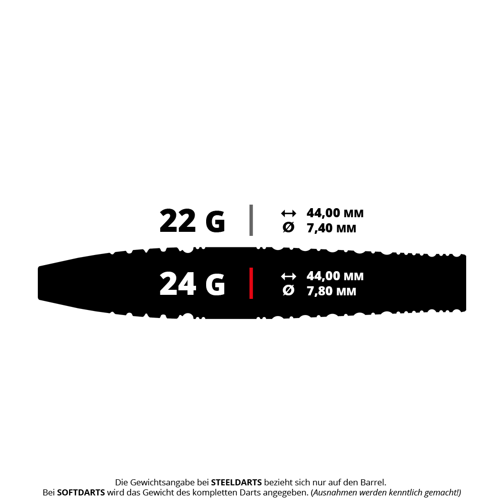 Fléchettes en acier Target Japan Black Marque PW 2 SP Das Bild zeigt zwei verschiedene Steeldart-Barrels mit jeweils 22 Gramm und 24 Gramm Gewicht. Beide Barrels sind 44,00 mm lang, aber das 22-Gramm-Barrel hat einen Durchmesser von 7,40 mm und das 24-Gramm-Barrel einen Durchmesser von 7,80 mm.