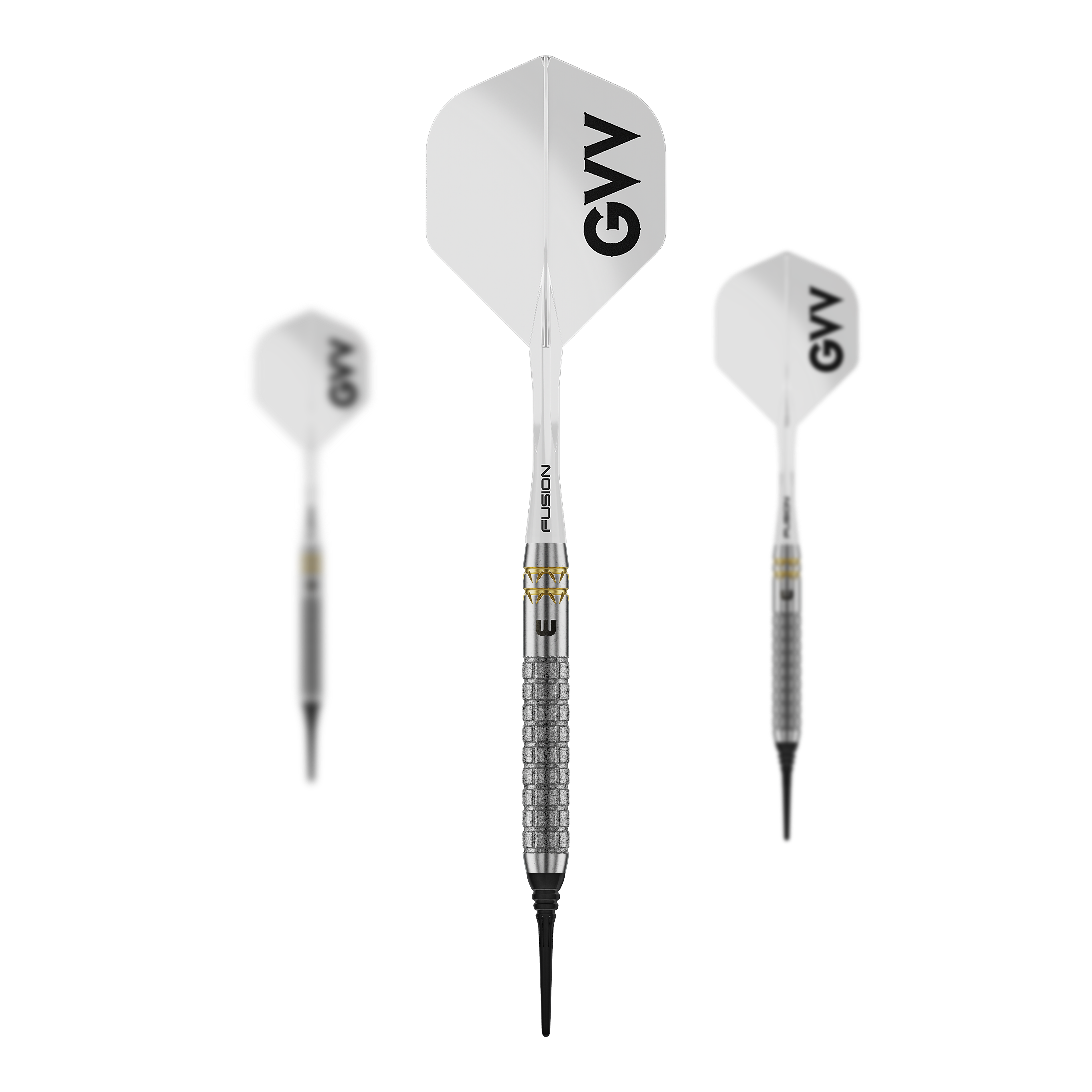 Auf dem Bild ist ein Set Winmau Gian Van Veen W-MAX Softdarts - 18g zu sehen. Drei Darts und das Zubehör sind abgebildet.