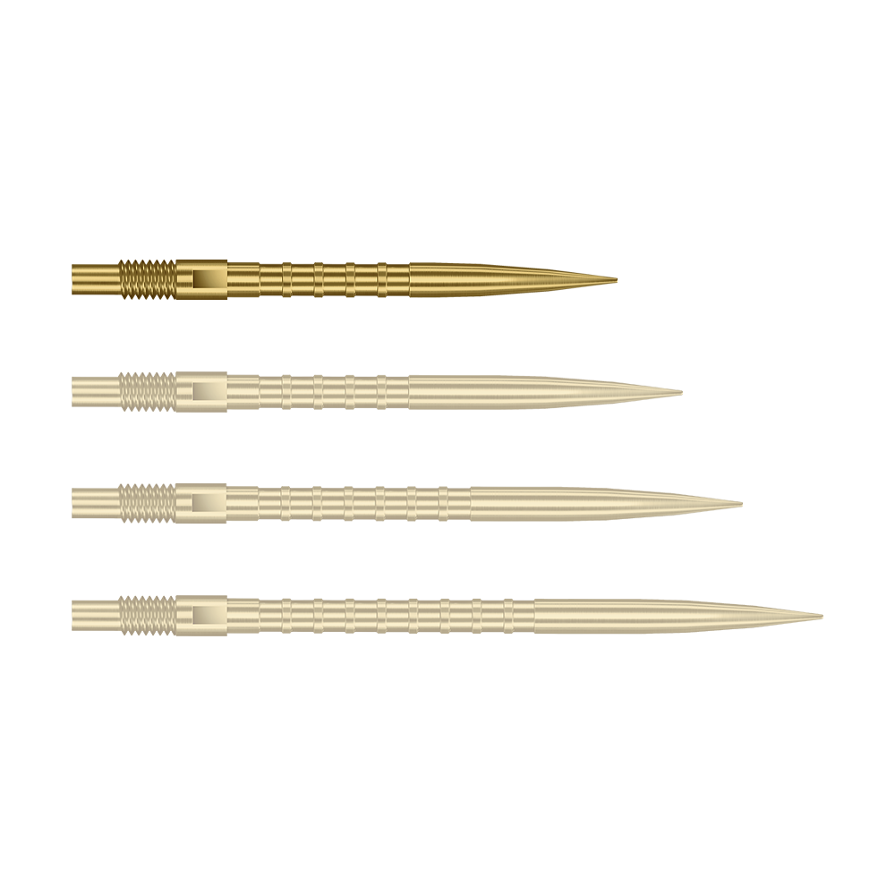 Das Bild zeigt Dartspitzen mit starkem Metallgriff in goldener Farbe und 26mm Länge. Das Produkt ist Harrows Quick Point Heavy Metal Grip Dartspitzen Gold 26mm.