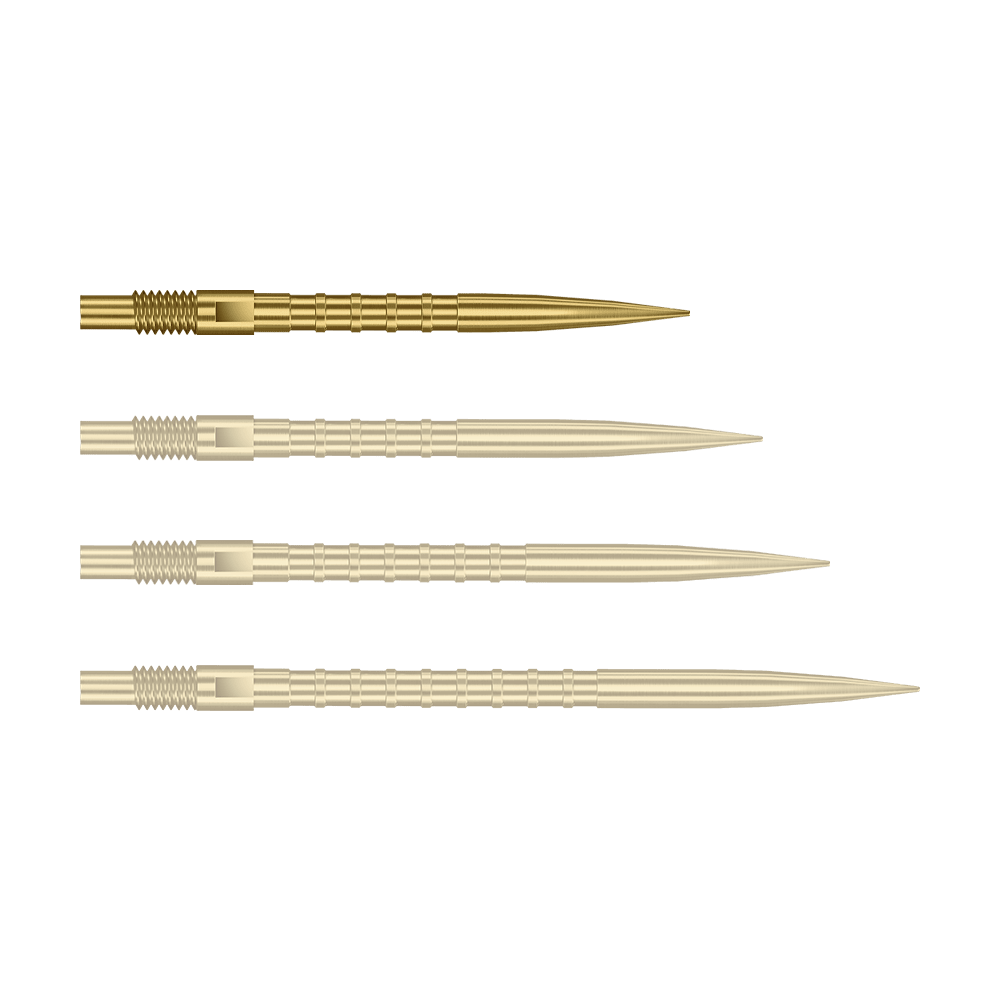 Pointes de fléchettes Harrows Quick Point Heavy Metal - Or Das Bild zeigt Dartspitzen mit starkem Metallgriff in goldener Farbe und 26mm Länge. Das Produkt ist Harrows Quick Point Heavy Metal Grip Dartspitzen Gold 26mm.