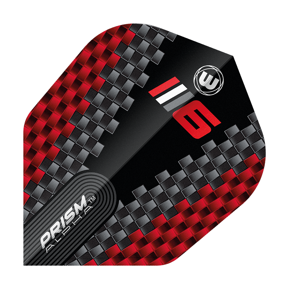 Volets Winmau Prism Alpha Blade 6 Chevron No6 Das Bild zeigt ein Dart-Flight mit einem modernen, roten und grauen Karomuster. Auf dem Flight stehen die Worte "PRISM ALPHA" sowie die Zahl "6" und das Winmau-Logo.