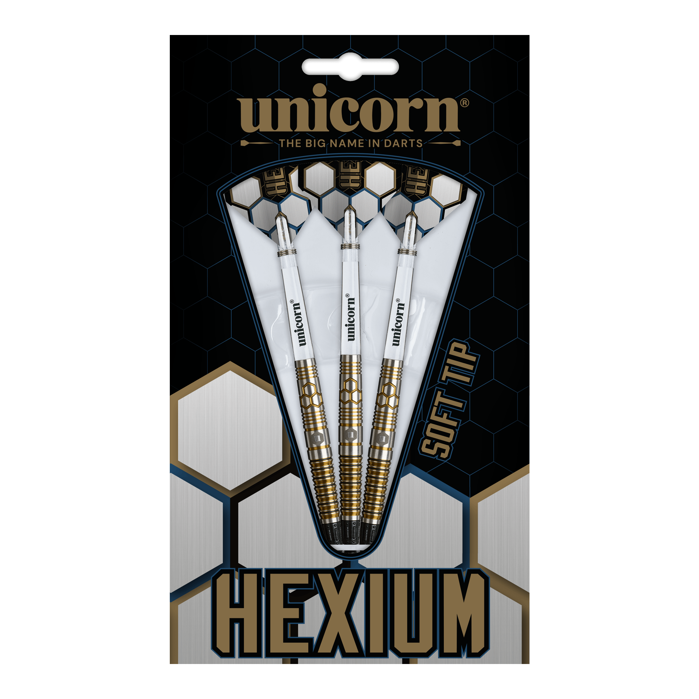 Fléchettes souples Unicorn Hexium Style 03 Or et Noir - 23 g Abgebildet sind die Unicorn Hexium Style 03 Gold & Black Softdarts mit 23g. Die Pfeile zeichnen sich durch ihr elegantes Design in Gold und Schwarz aus.