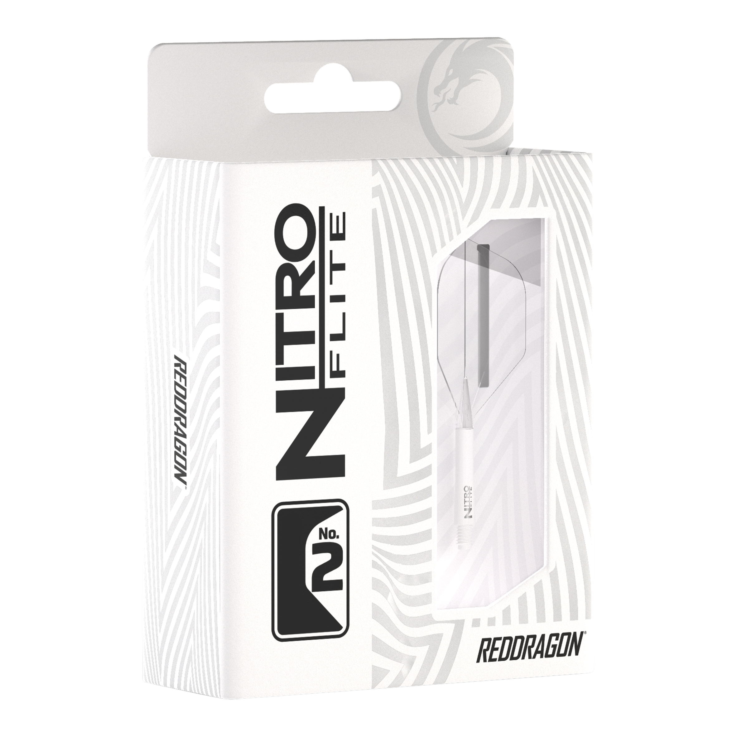 Die Abbildung zeigt die Verpackung der „Red Dragon Nitroflite - White Shaft Clear No2 Flights“. Die Verpackung ist überwiegend weiß und hat ein Sichtfenster, durch das die Dartflights zu sehen sind.