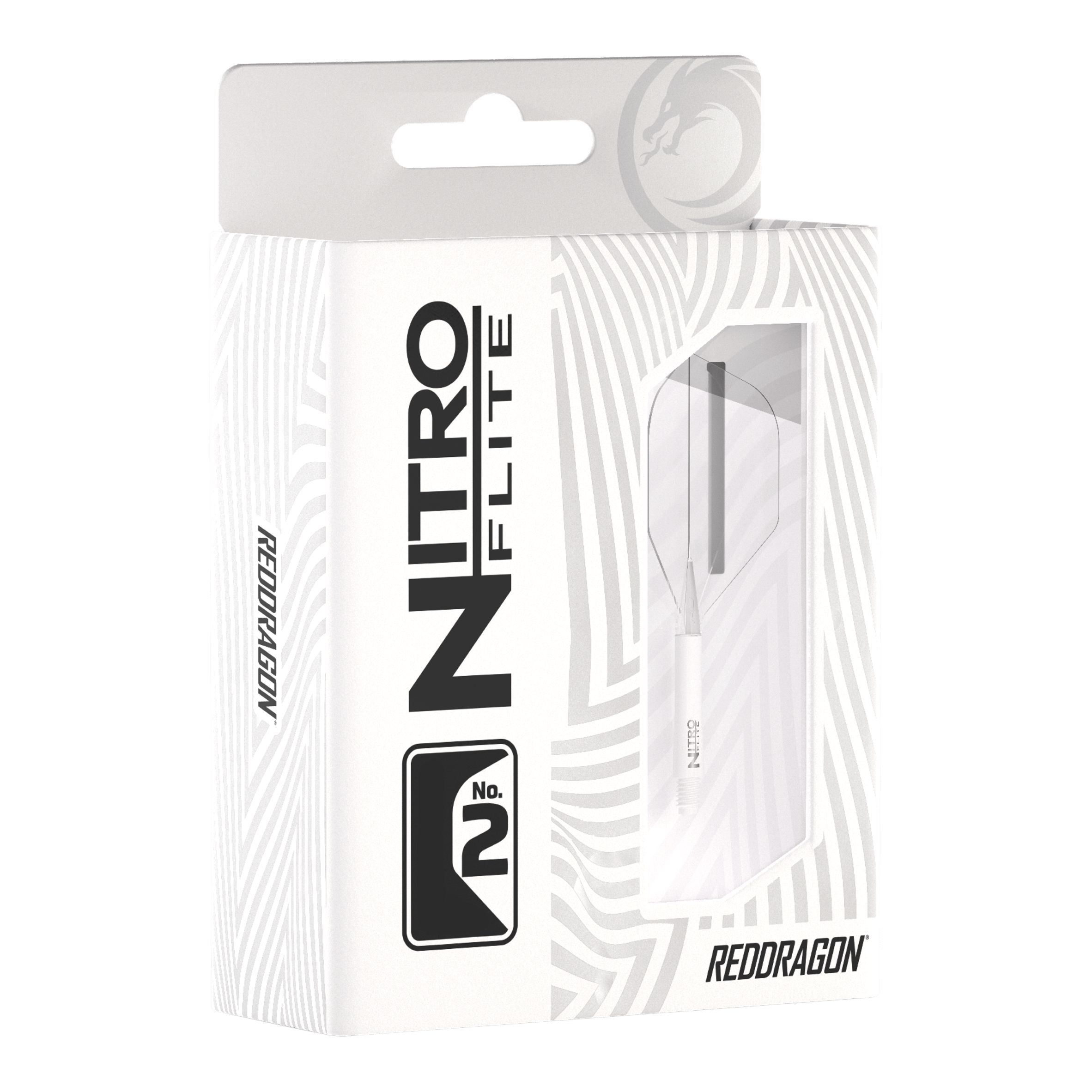 Ailettes Red Dragon Nitroflite - Tige blanche transparente n°2 Die Abbildung zeigt die Verpackung der „Red Dragon Nitroflite - White Shaft Clear No2 Flights“. Die Verpackung ist überwiegend weiß und hat ein Sichtfenster, durch das die Dartflights zu sehen sind.