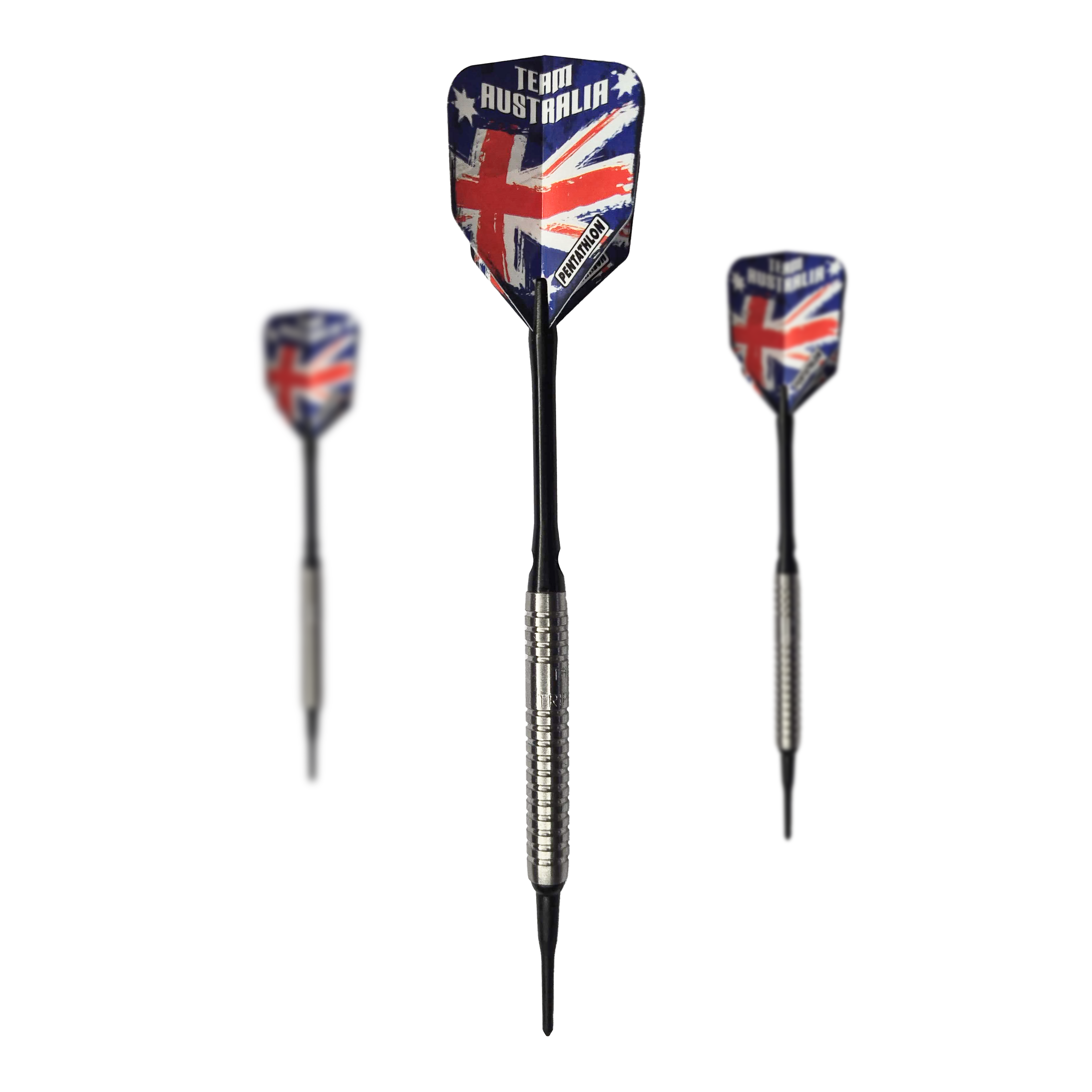 Fléchettes souples McDart 85 Tungstène V5 - 16 g Das Bild zeigt drei Softdarts des Produkts „McDart 85er Tungsten V5 Softdarts - 16g“. Die Flights sind im Design der australischen Flagge gehalten und haben den Schriftzug „Team Australia“.