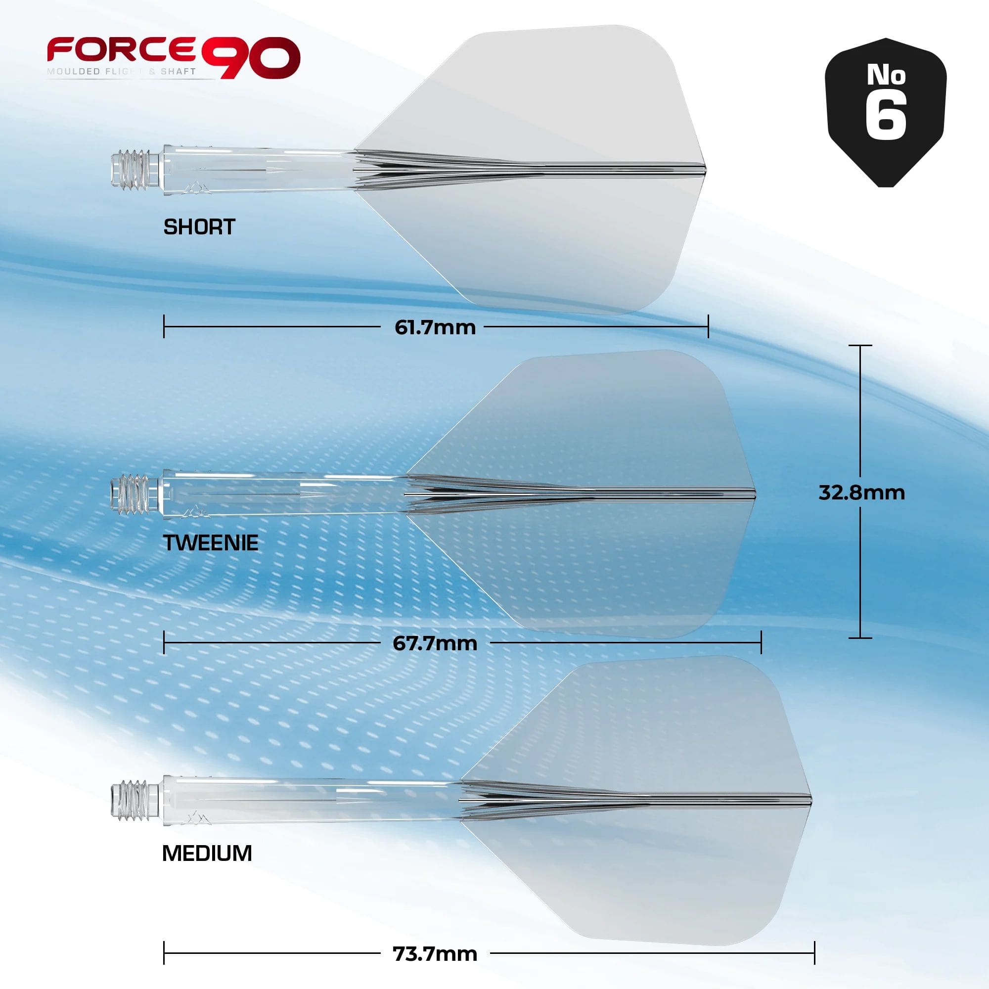 Système d'arbre de transMission Mission Force 90 n° 6 - Noir Das Bild zeigt das Produkt "Mission Force 90 No6 Flight-Shaft-System - Clear" in drei verschiedenen Längen: Short, Tweenie und Medium. Die jeweiligen Längen sind 61,7 mm, 67,7 mm und 73,7 mm, mit einer Flügelhöhe von 32,8 mm.