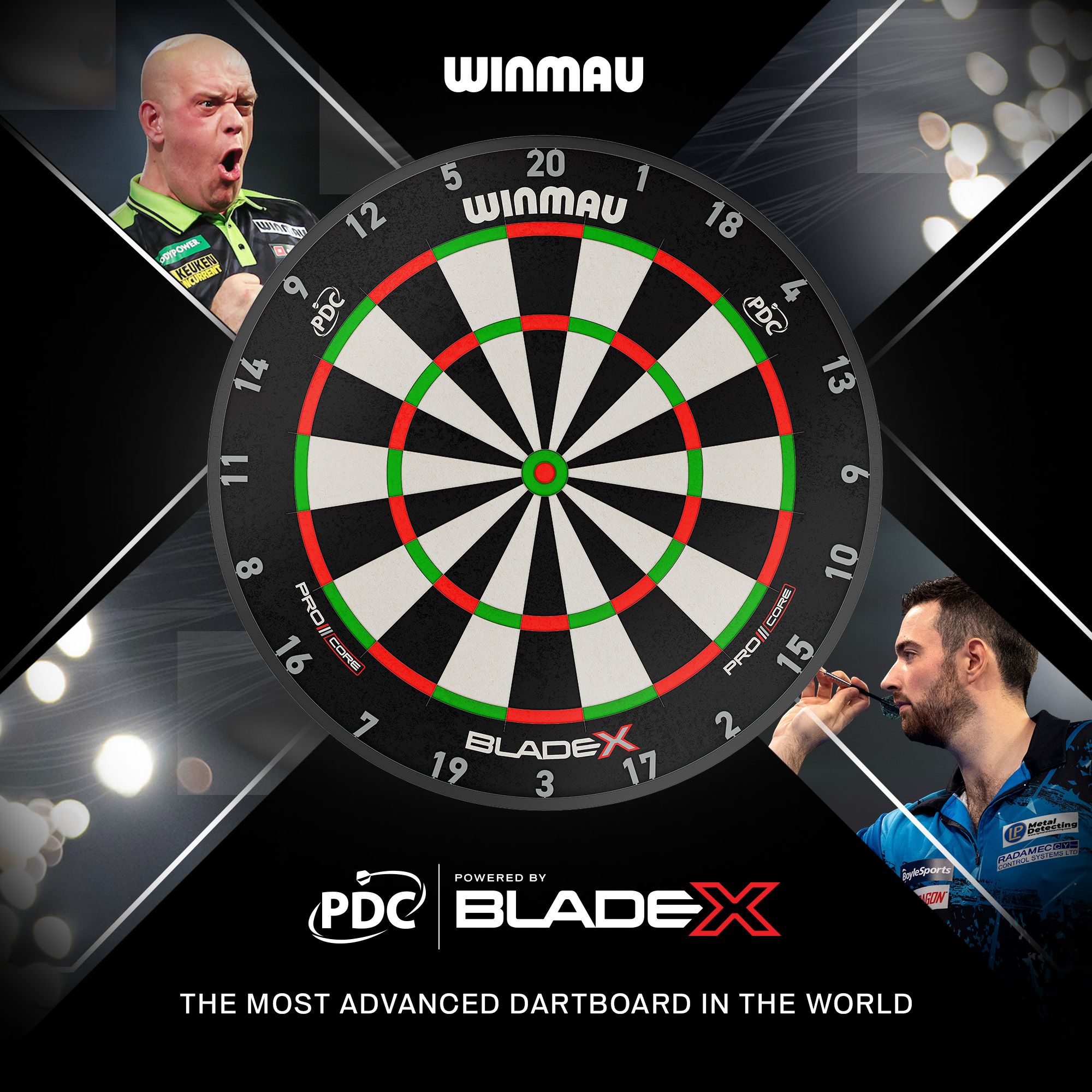 Cible de fléchettes en acier Winmau Blade X ProCore Auf dem Bild ist ein Winmau Blade X ProCore Steeldartboard zu sehen. Es ist für den Gebrauch mit Steeldarts geeignet.