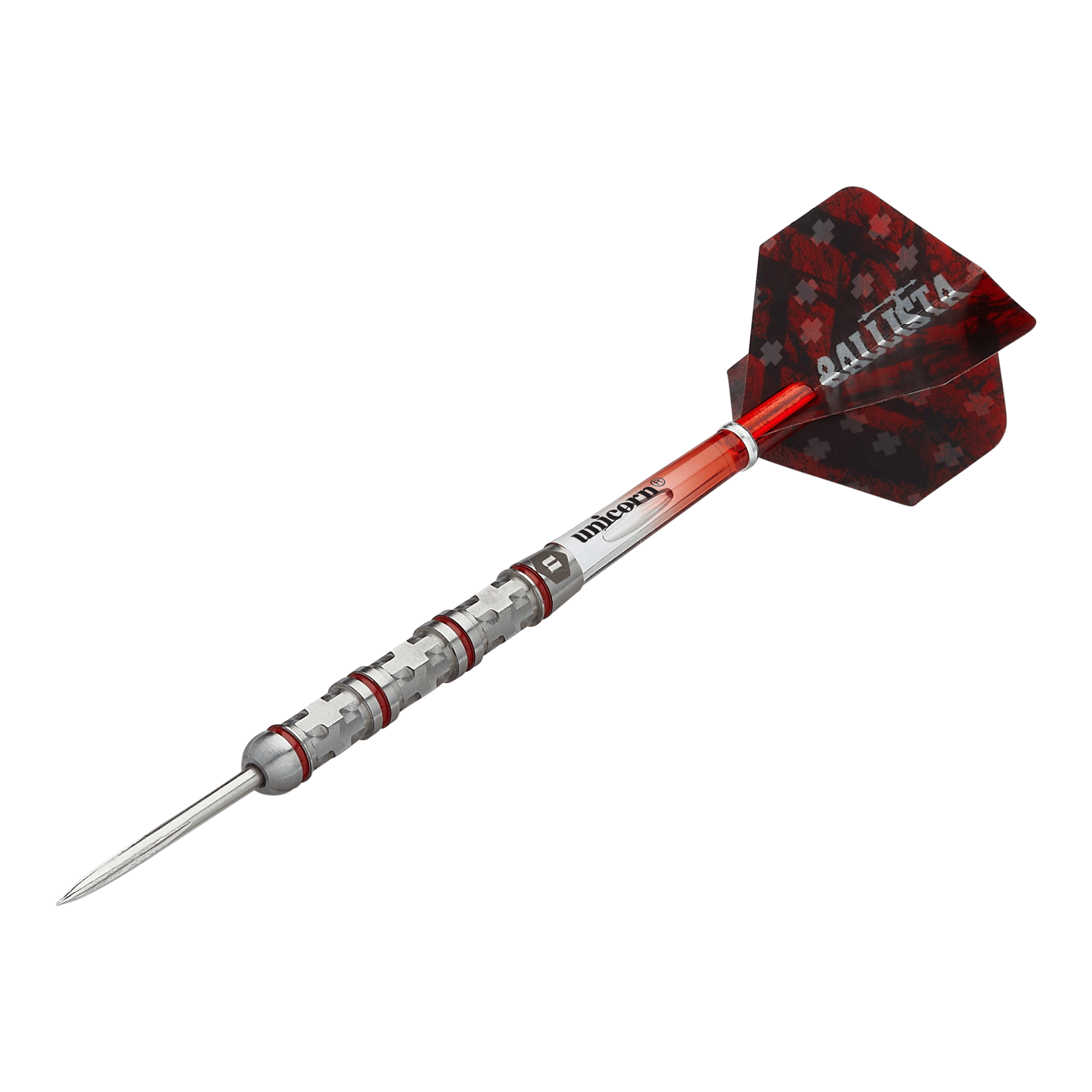 Fléchettes en acier Unicorn Ballista Style 4 Das Bild zeigt einen Unicorn Ballista Style 4 Steeldart. Der Dartpfeil hat eine rot-silberne Farbgebung und ein markantes Flight-Design.