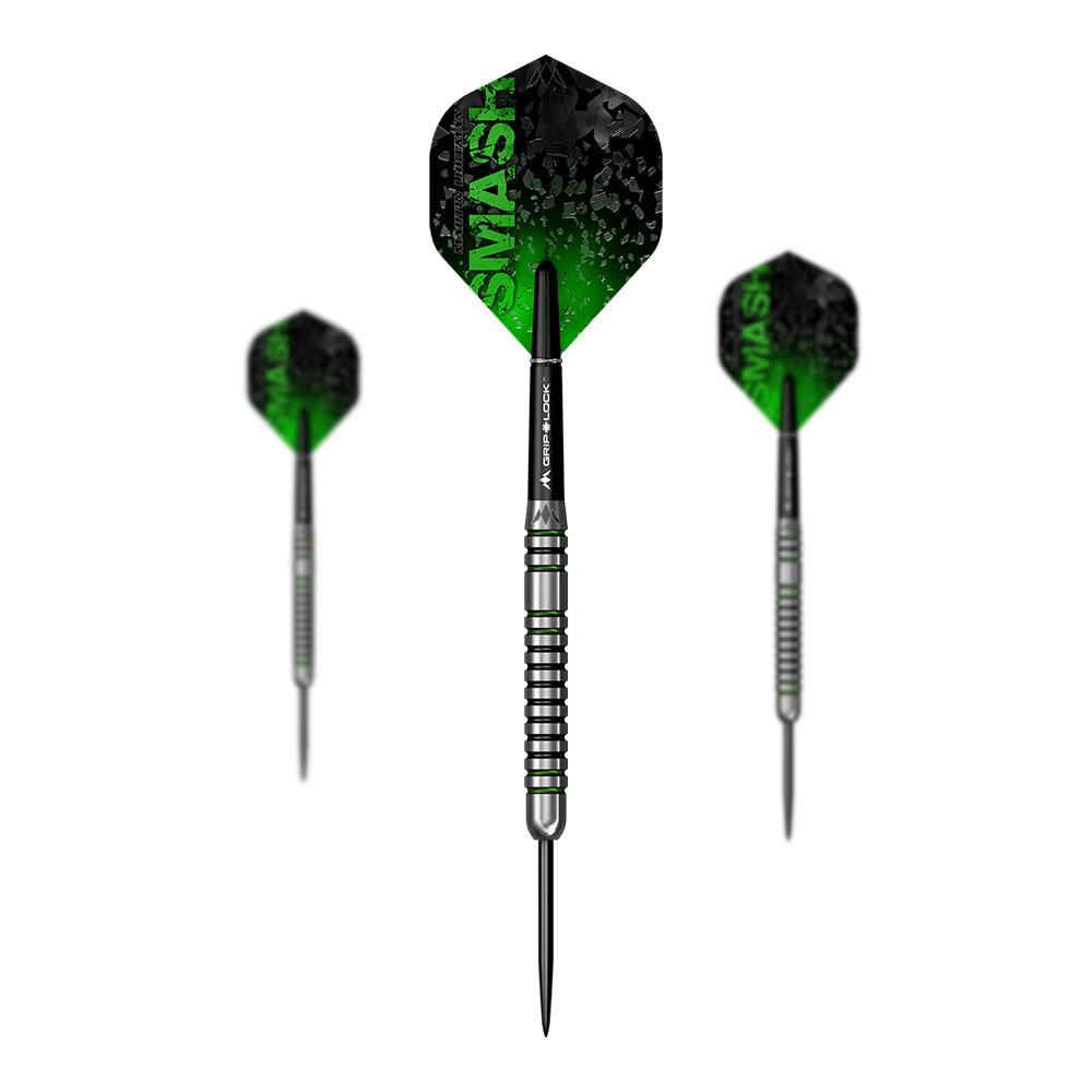 Mission Martin Lukeman Smash Steeldarts - 23g Das Bild zeigt drei Steeldarts mit dem Namen „Mission Martin Lukeman Smash Steeldarts - 23g“. Die Flights sind schwarz-grün und tragen den Schriftzug „SMASH“.