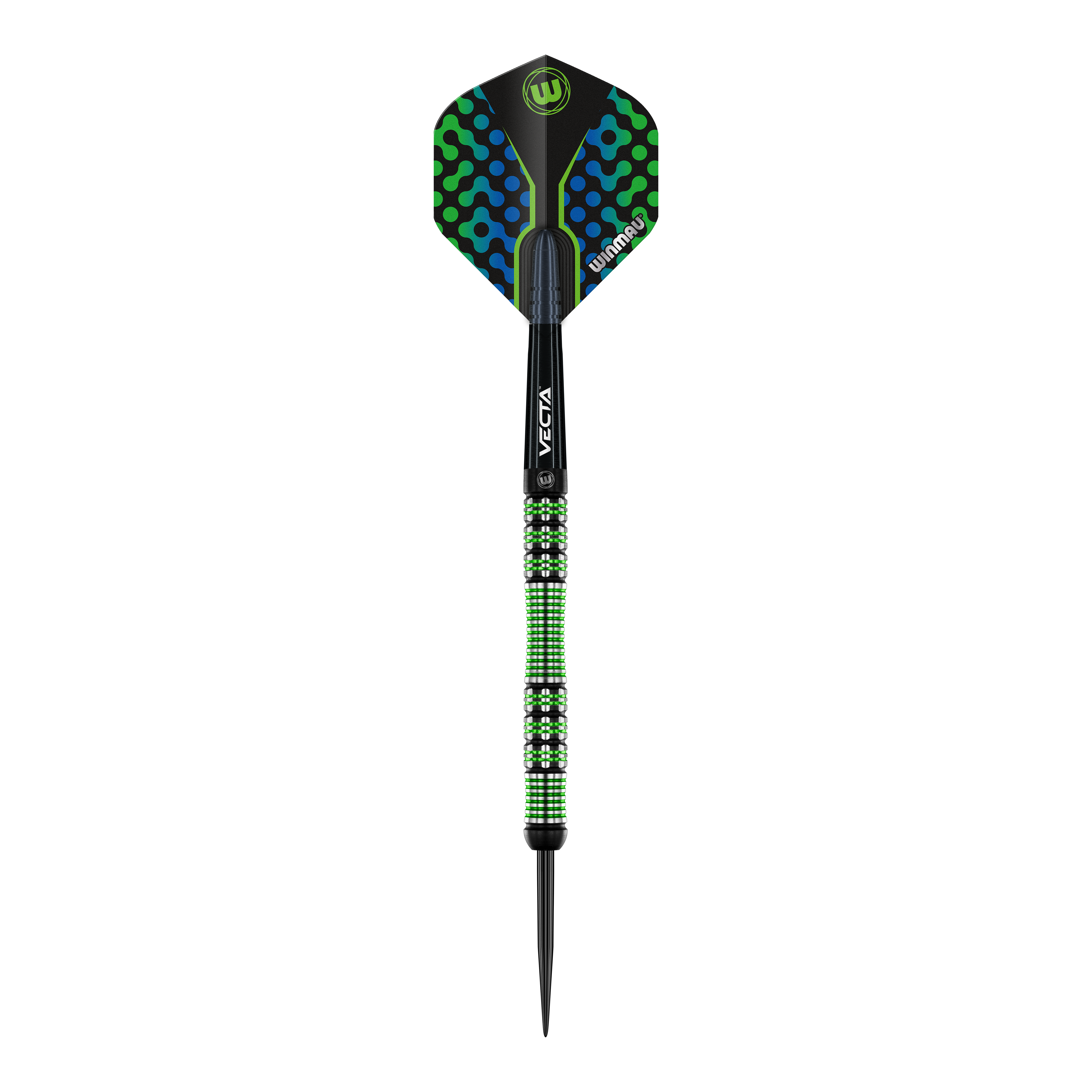 Fléchettes en acier Winmau Brendan Dolan Das Bild zeigt einen Winmau Brendan Dolan Steeldart. Der Dartpfeil hat ein auffälliges Design mit grünen und blauen Akzenten.
