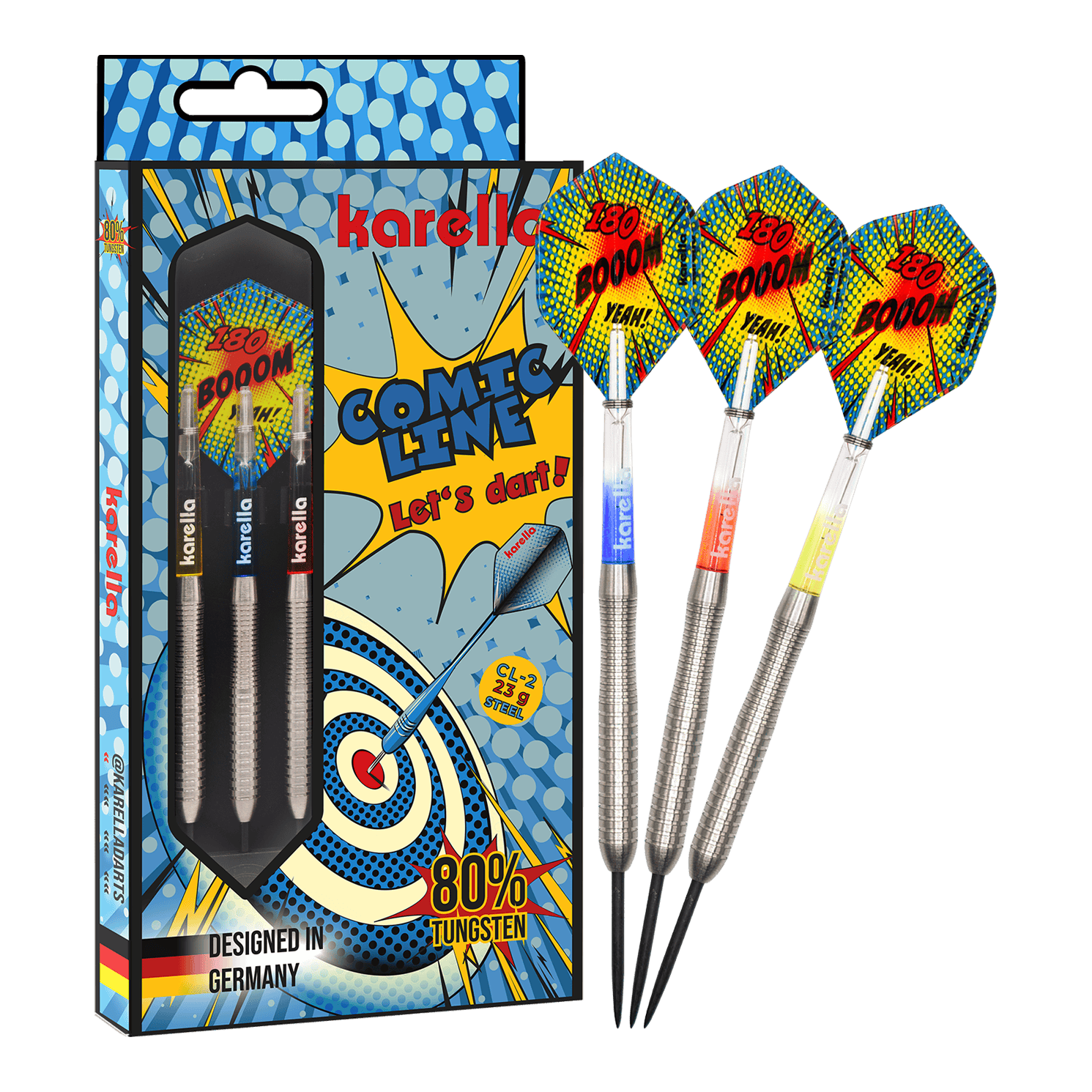 Fléchettes en acier Karella Comic Line CL-2 - 23 g Zu sehen ist das vollständige Set der Karella Comic Line CL-2 Steeldarts in 23g. Die Steeldarts bieten eine gute Balance für ambitionierte Spieler.