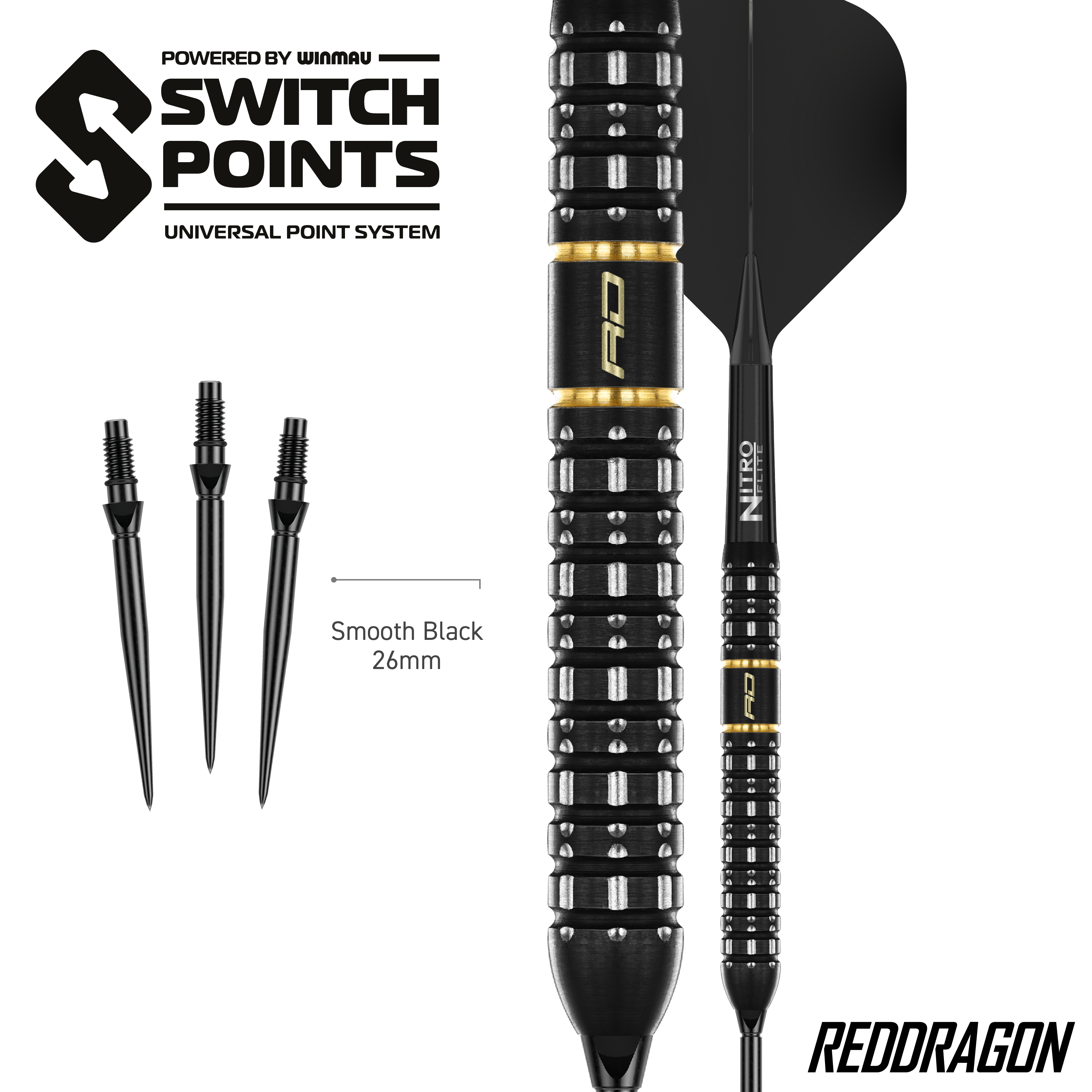 Fléchettes en acier Red Dragon Ascend Parallel Switch Point Das Bild zeigt die Red Dragon Ascend Parallel Switch Point Steeldarts. Die Darts sind seitlich abgebildet und zeigen das spezielle Barrel-Design.