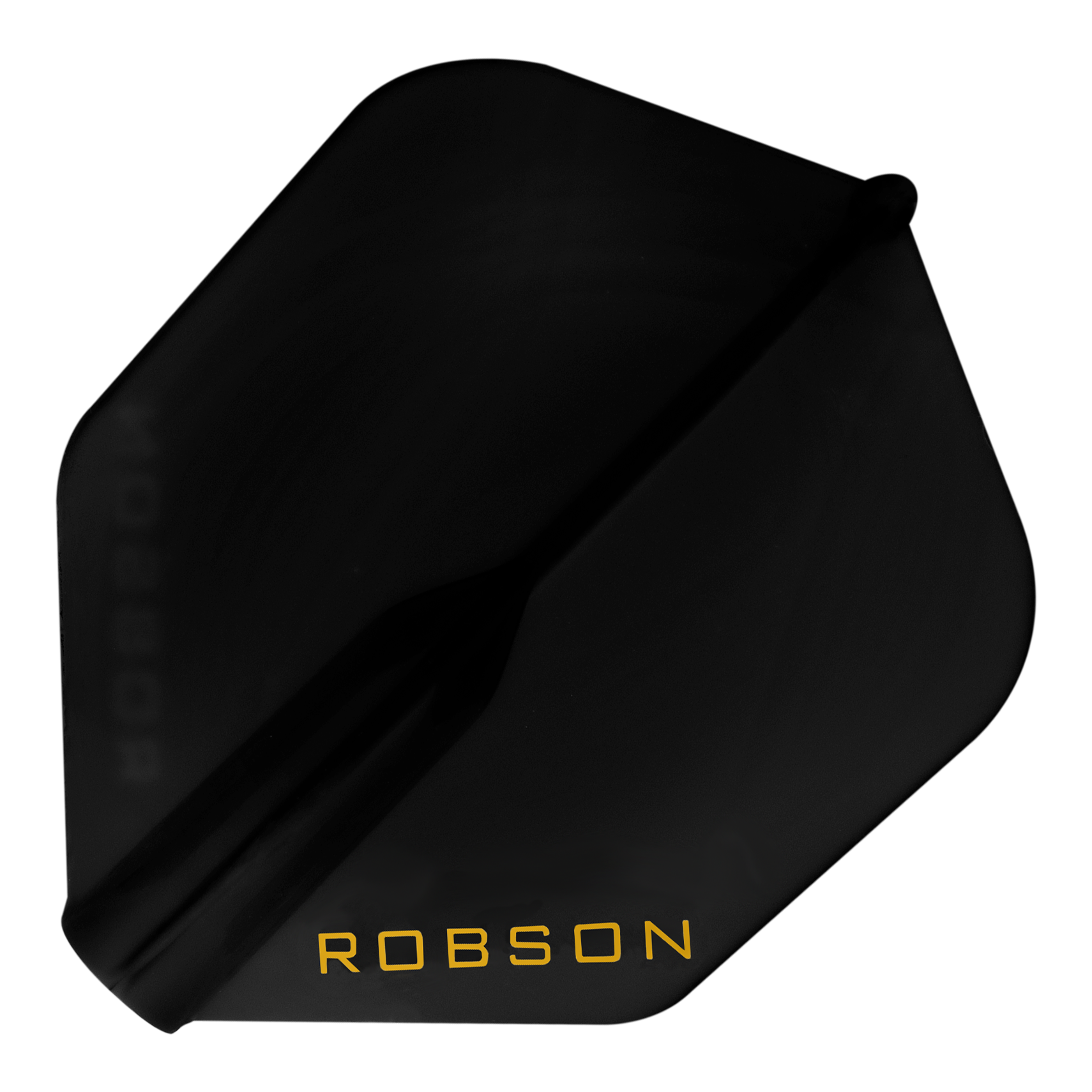Vols Robson Plus - NO6 Auf dem Bild ist ein schwarzes Dart-Flight zu sehen. In einer Ecke steht das Wort "ROBSON" in gelber Schrift.