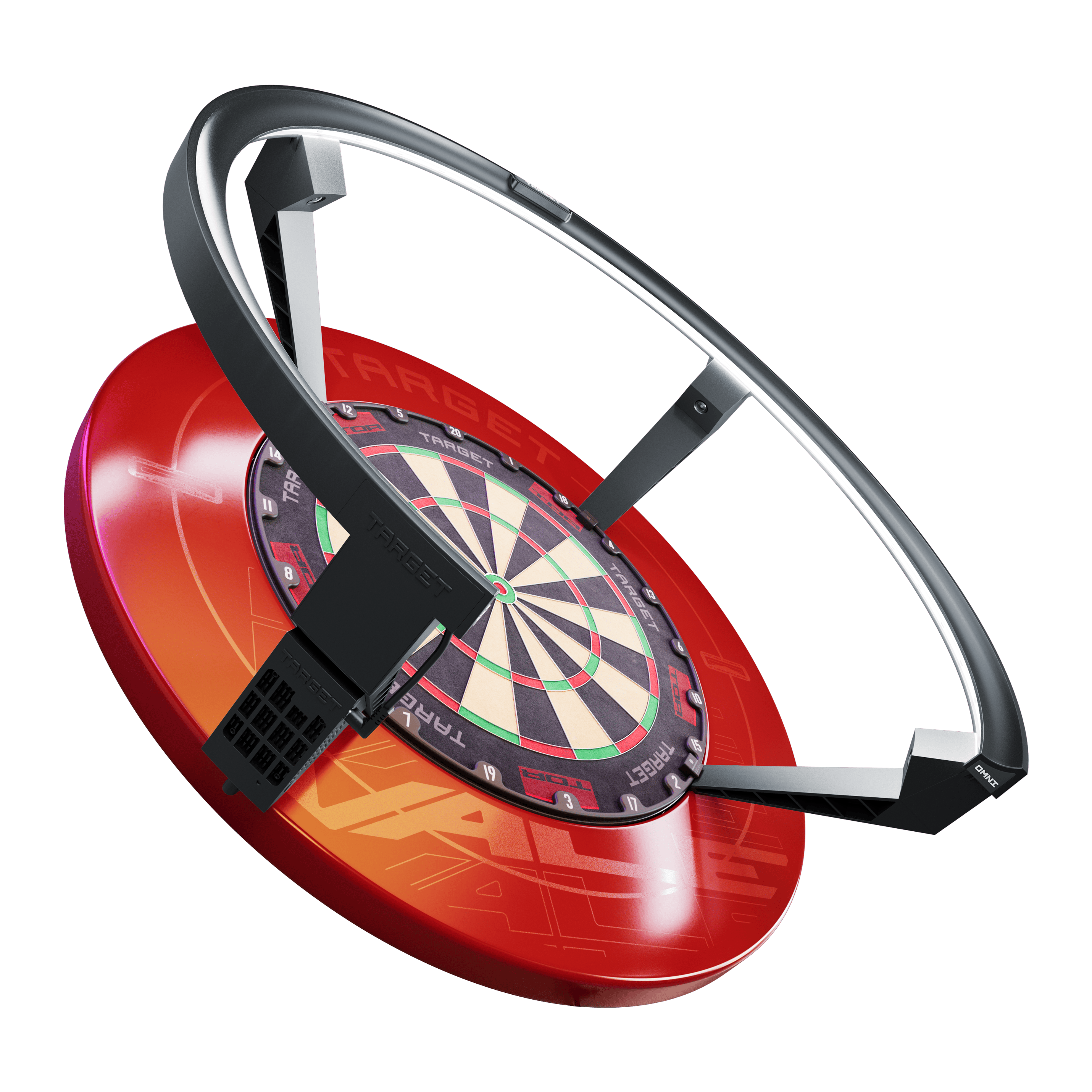 Système de notation automatique Target OMNI Das Bild zeigt das Produkt "Target OMNI Auto-Scoring-System", ein innovatives automatisches Punktesystem für Dartscheiben. Es besteht aus einem roten Sockel, einer Dartscheibe und einem großen schwarzen Ring, der über der Scheibe angebracht ist.