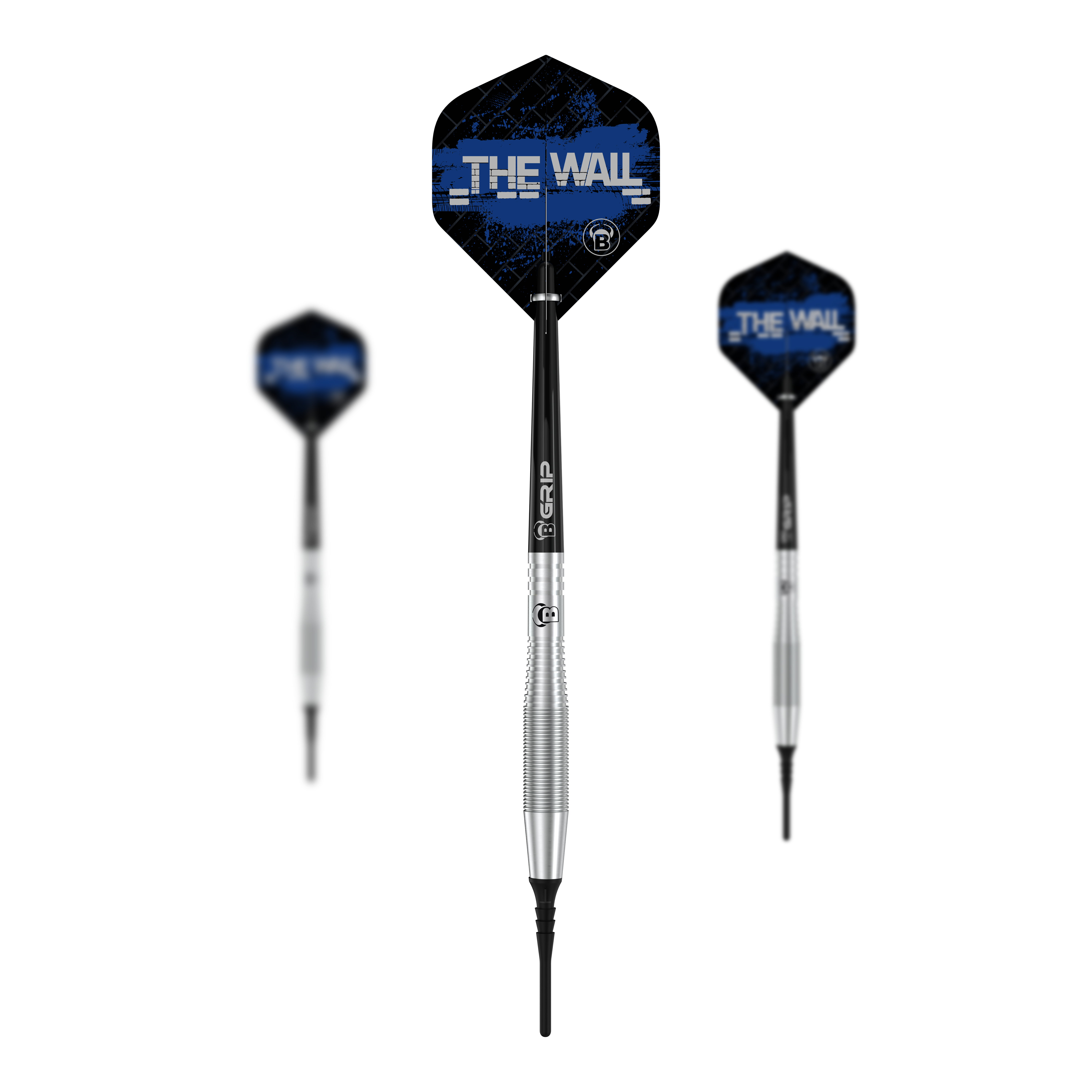Fléchettes souples Bulls Martin Schindler TW80 - 18 g Das Bild zeigt drei Softdarts des Modells "Bulls Martin Schindler TW80" mit einem Gewicht von 18g. Die Flights der Darts sind schwarz-blau und tragen die Aufschrift "THE WALL".
