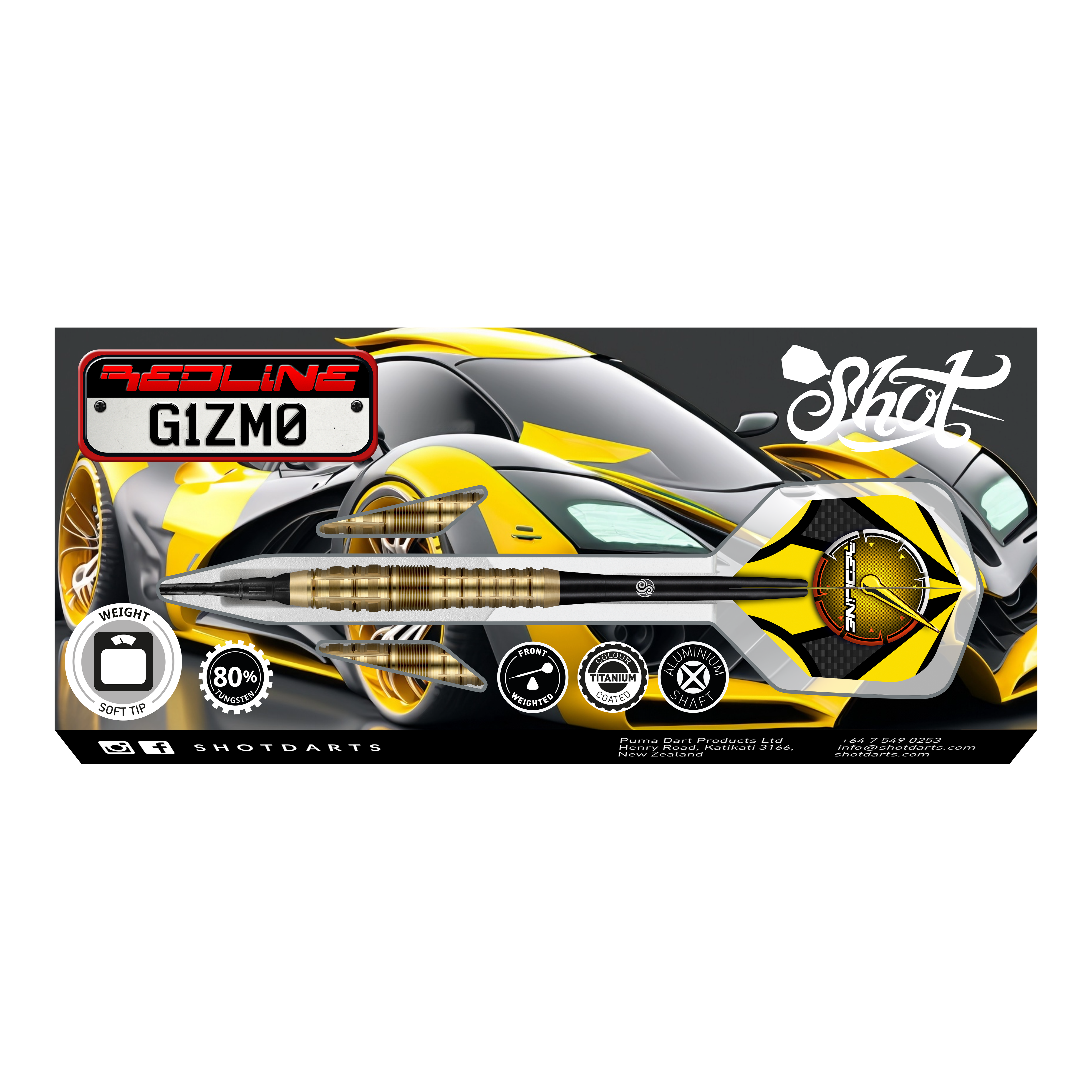 Fléchettes souples Shot Redline Gizmo - 20 g Auf dem Bild ist das Produkt "Shot Redline Gizmo Softdarts - 20g" abgebildet. Im Hintergrund ist ein sportliches, gelb-schwarzes Auto zu sehen, das das dynamische Design der Softdarts unterstreicht.