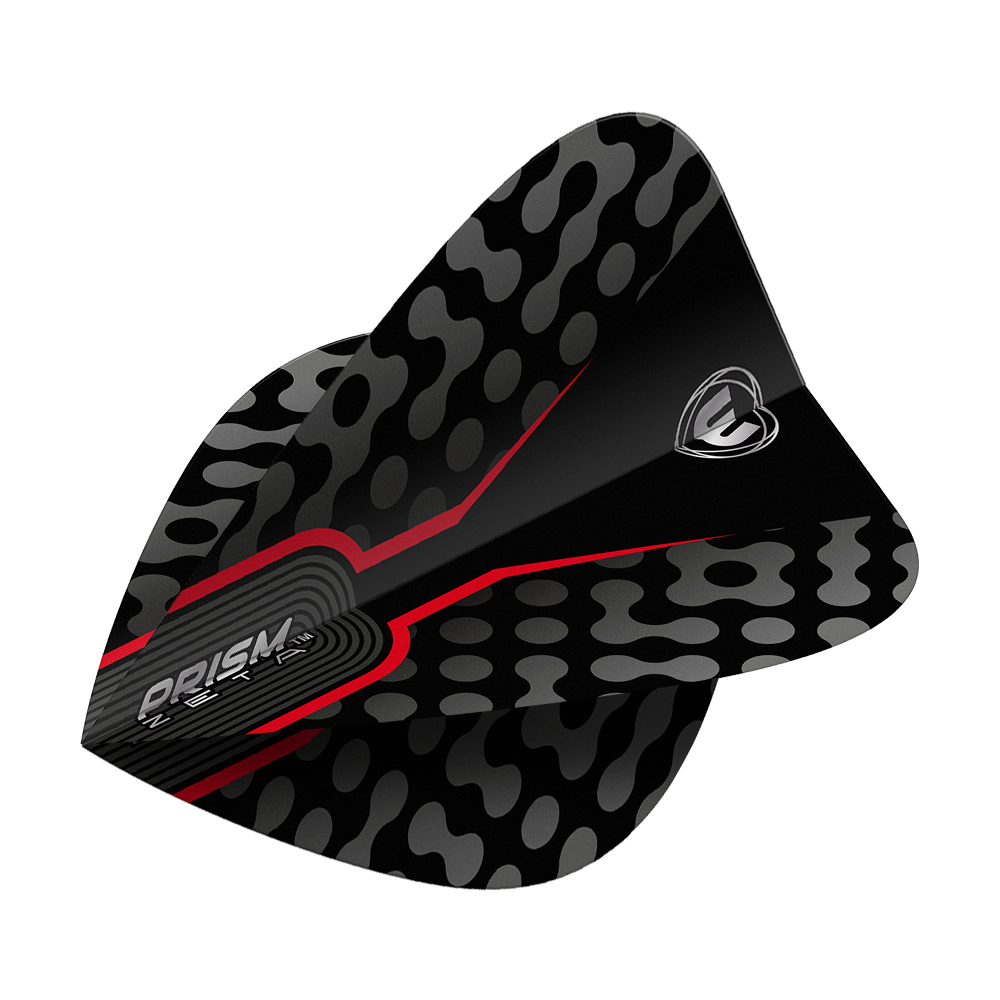 Vols de cerf-volant royal noir Winmau Zeta Das Bild zeigt einen Winmau Zeta Black Red Kite Flight. Das Design ist schwarz mit roten Akzenten und einem grauen Muster.