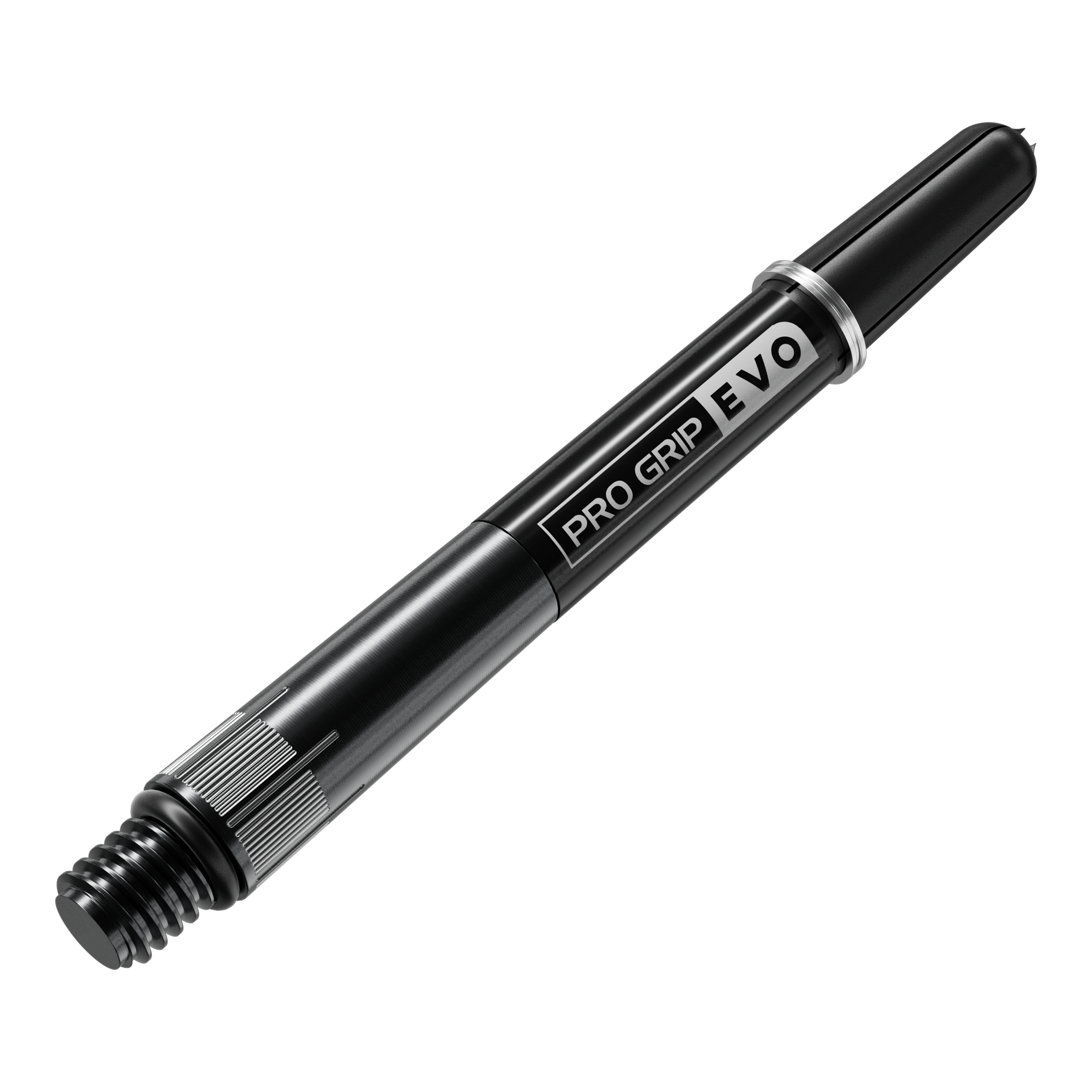 Tiges en titane Target Pro Grip EVO Raymond Van Barneveld Chrono Das Bild zeigt einen schwarzen Pro Grip Evo Dart-Schaft aus Titan. Auf dem Schaft steht "PRO GRIP EVO" in weißen Buchstaben.