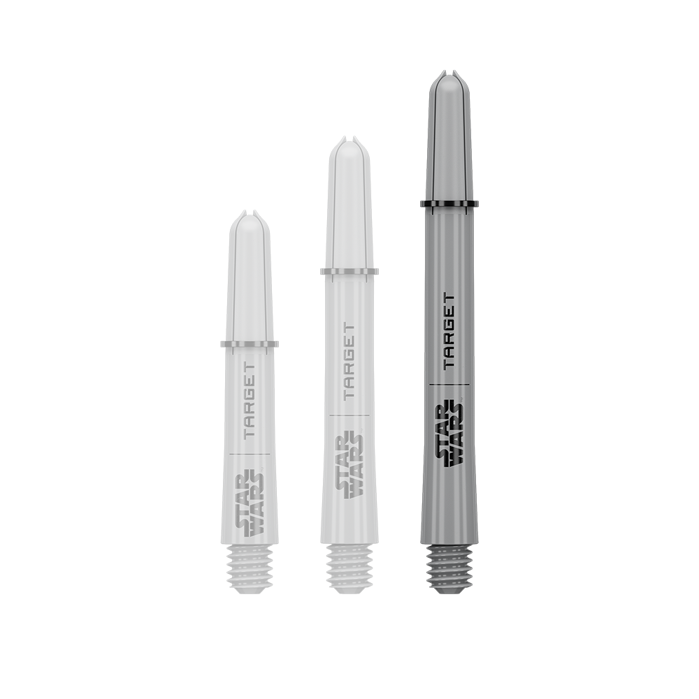 Das Bild zeigt ein Dart-Zubehör mit dem Dateinamen 380432_Target_StarWars_ProGrip_Shafts_Grau_Medium_48mm_1. Es handelt sich wahrscheinlich um einen einzelnen grauen Medium ProGrip Shaft von Star Wars mit 48mm Länge.