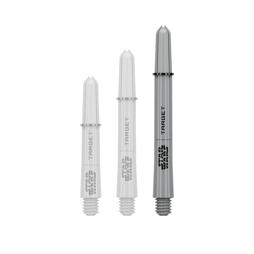 Poignées Target Star Wars ProGrip - Grises Das Bild zeigt ein Dart-Zubehör mit dem Dateinamen 380432_Target_StarWars_ProGrip_Shafts_Grau_Medium_48mm_1. Es handelt sich wahrscheinlich um einen einzelnen grauen Medium ProGrip Shaft von Star Wars mit 48mm Länge.