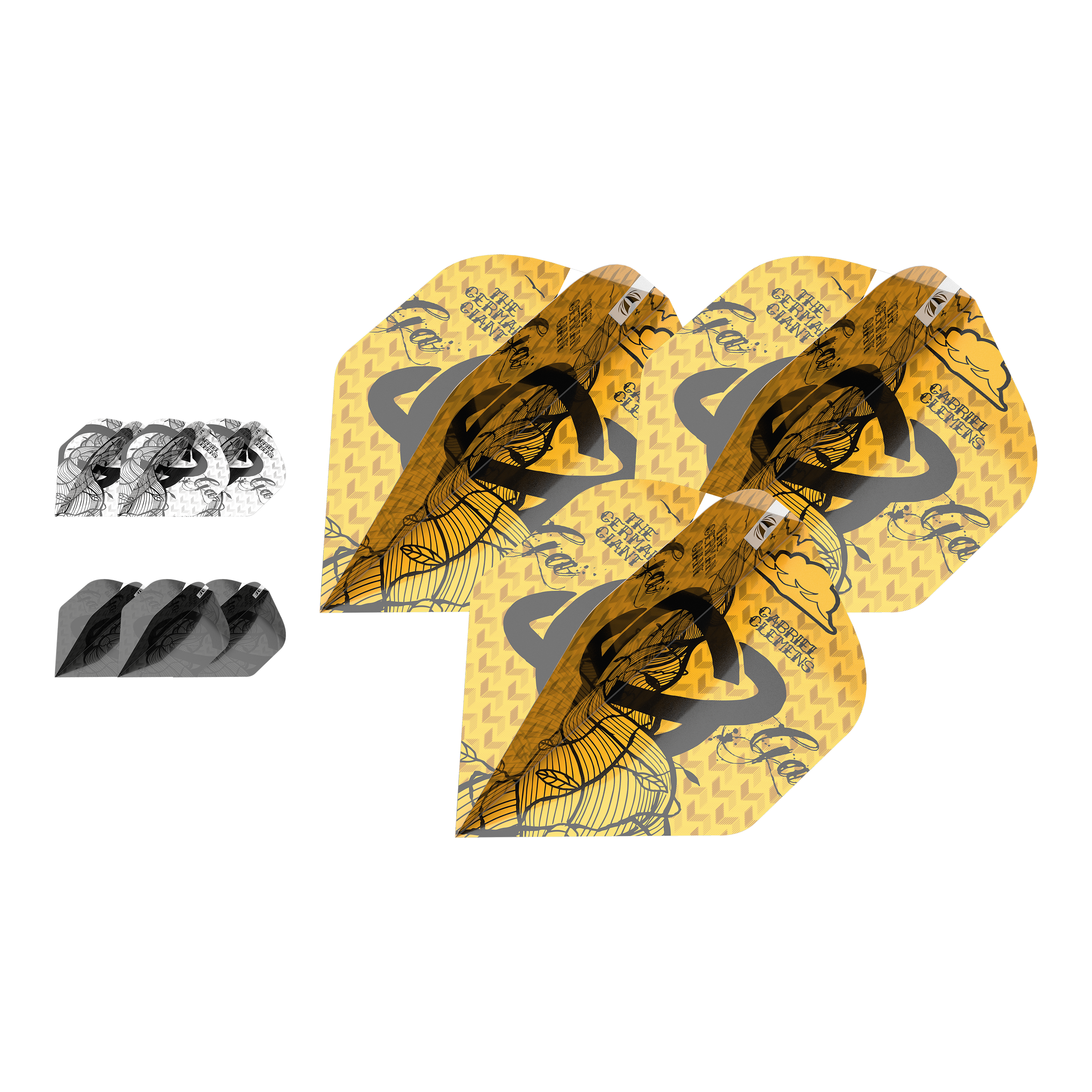 Target Ink Bundle 3 ensembles Gabriel ClemensNo2 Vols standard Das Bild zeigt drei Sets von Gabriel Clemens No2 Standard Flights aus der Target Ink Bundle Kollektion. Die Flights haben unterschiedliche Designs in Gelb, Schwarz und Weiß.