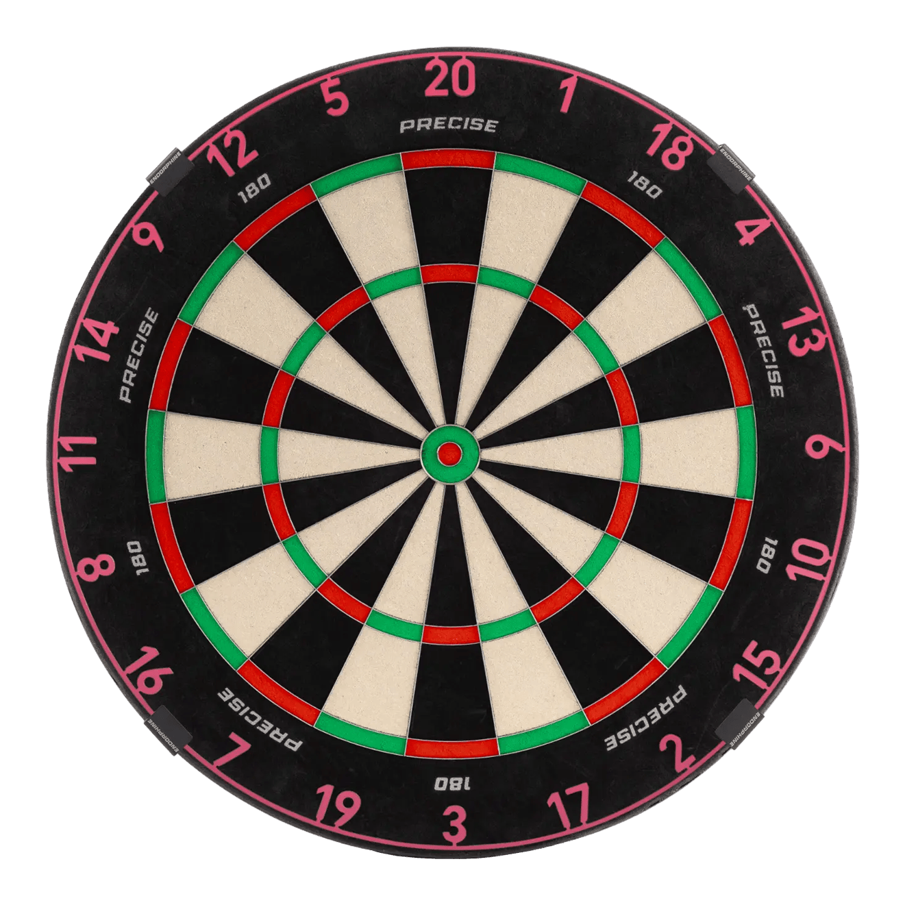 Das Precise 180 Endorphine Steeldartboard mit Nummernring in Cyber Pink ist auf dem Bild dargestellt. Es eignet sich perfekt für anspruchsvolle Dartspieler.