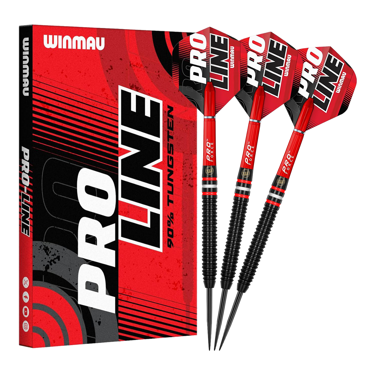 Zu sehen sind die Winmau Pro-Line 90% Steeldarts. Die Darts verfügen über einen hohen Qualitätsstandard und sind für Profis geeignet.