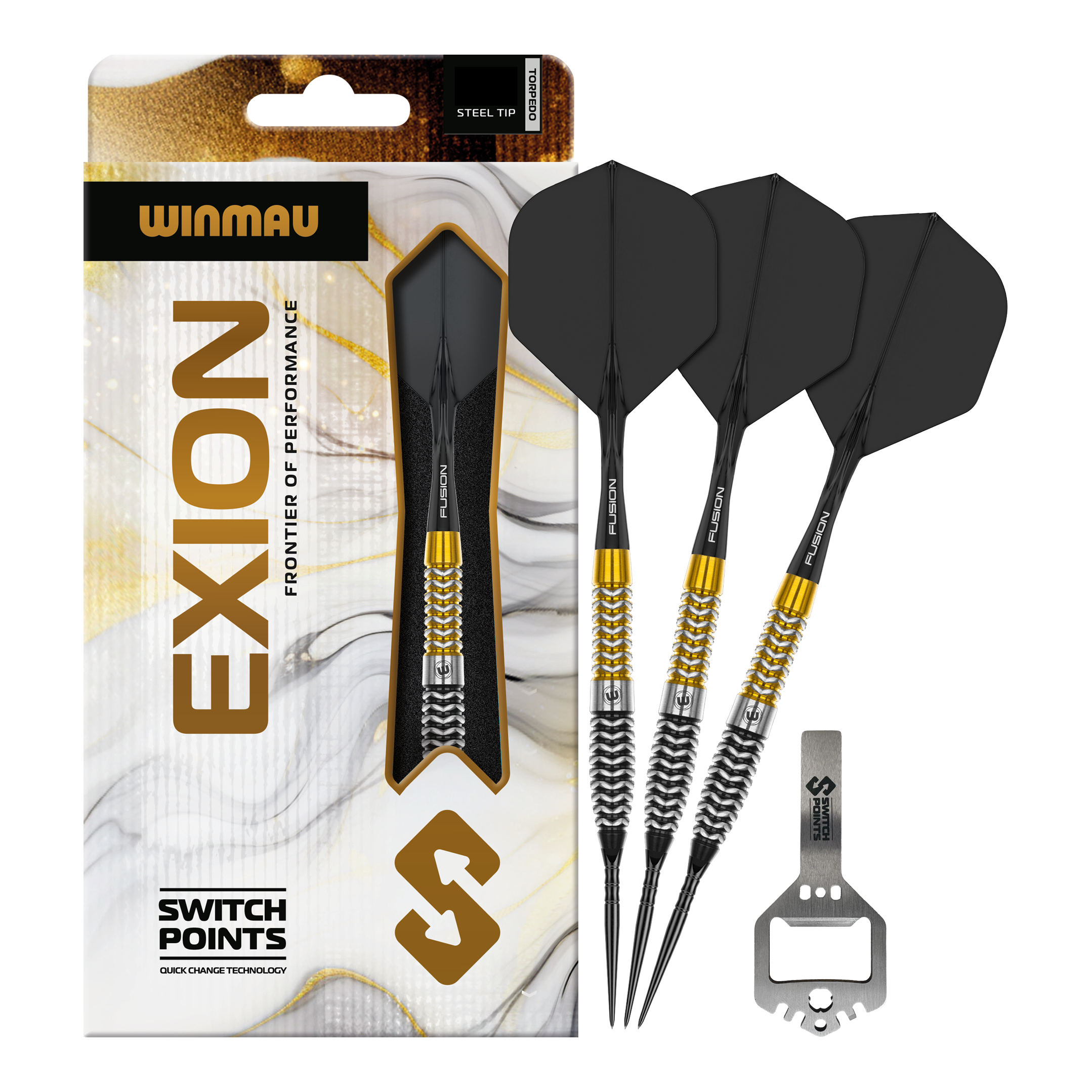 Das Bild zeigt vermutlich Winmau Exion Torpedo Switch Points Steeldarts in voller Ansicht. Es handelt sich um ein Dartprodukt für Dartspieler.