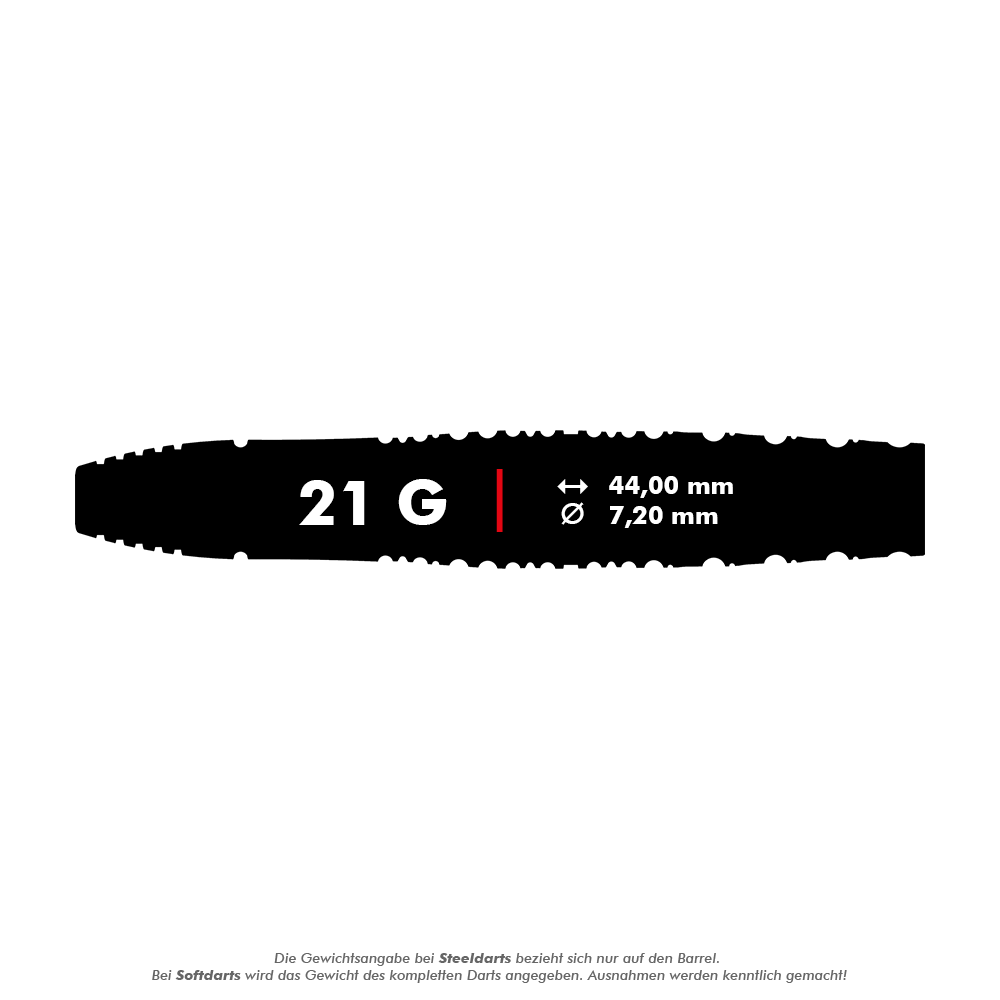 Target Japan Toru Suzuki Sereno GEN1 Swiss Point Steeldarts - 21 g Das Bild zeigt einen Dartpfeil mit der Aufschrift "21 G". Die Länge beträgt 44,00 mm und der Durchmesser 7,20 mm.