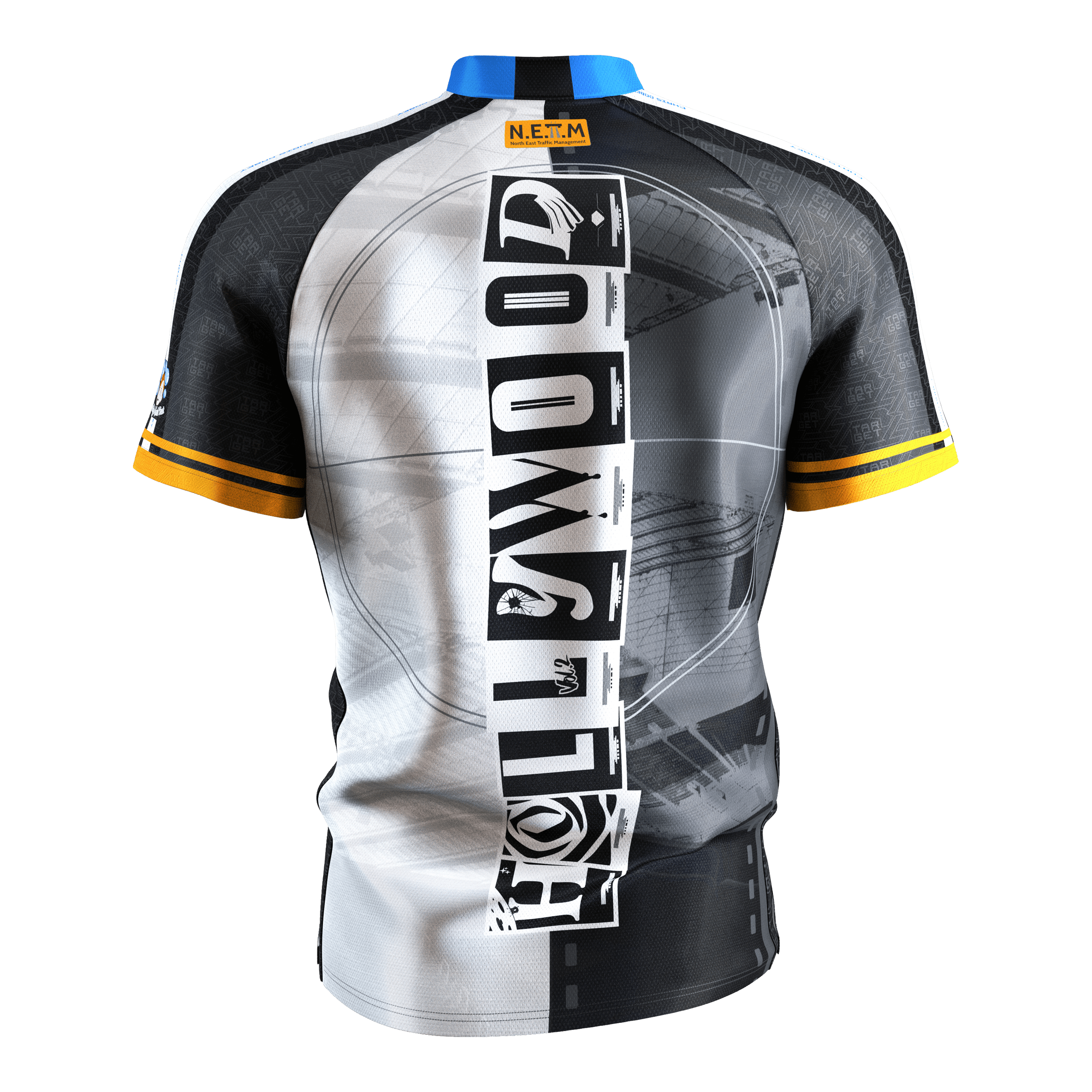 Maillot de fléchettes Target Coolplay Chris Dobey 2025 Das Bild zeigt das Dartshirt "Target Coolplay Chris Dobey 2025" von hinten. Das Shirt hat ein auffälliges schwarz-weißes Design mit gelben Streifen an den Ärmeln und einem senkrechten Schriftzug in der Mitte.