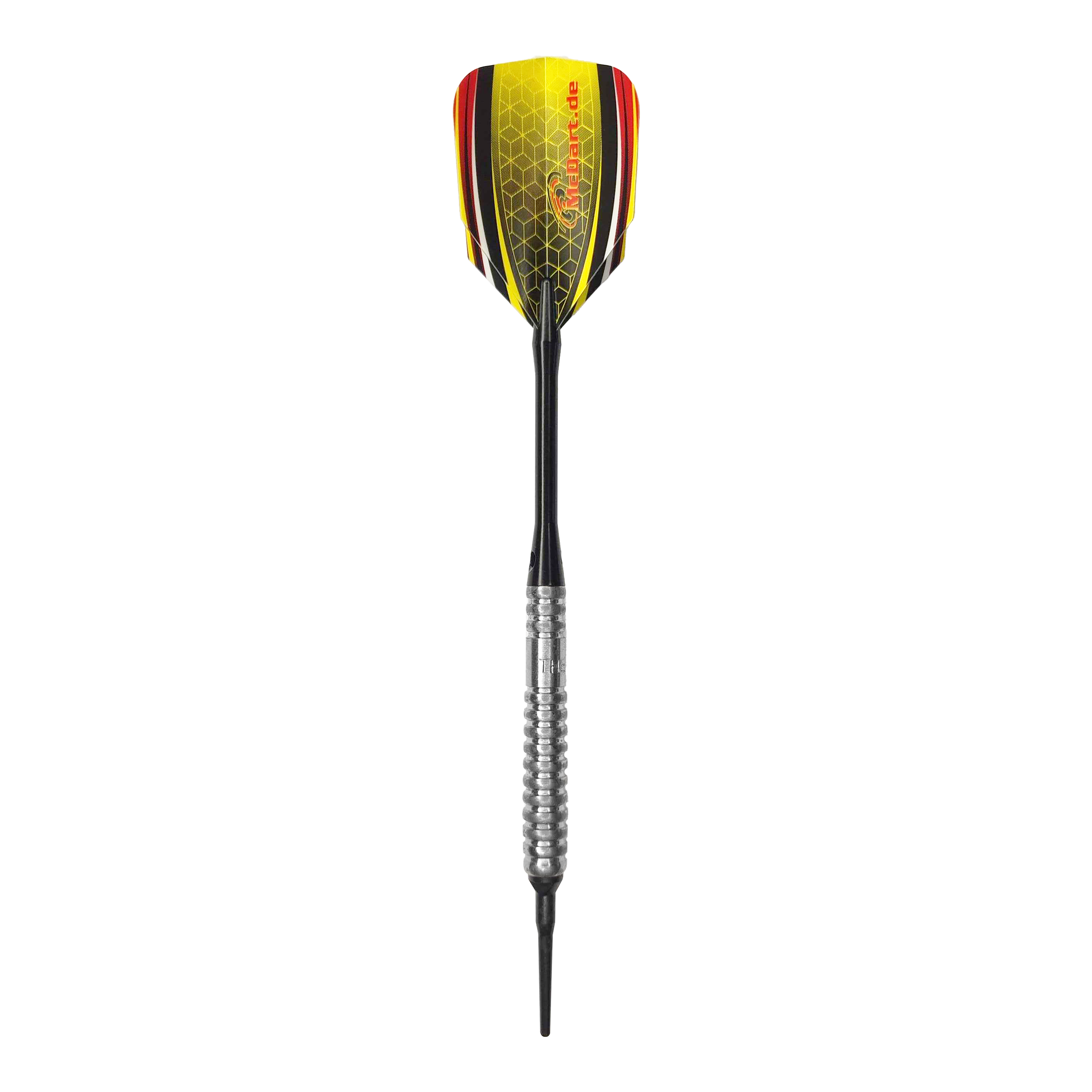 Fléchettes souples McDart 85 Tungstène V20 - 17 g Dies ist ein Softdart namens "McDart 85er Tungsten V20" mit einem Gewicht von 17g. Der Dart hat einen silbernen Griff und gelb-schwarze Flights mit roten Akzenten.