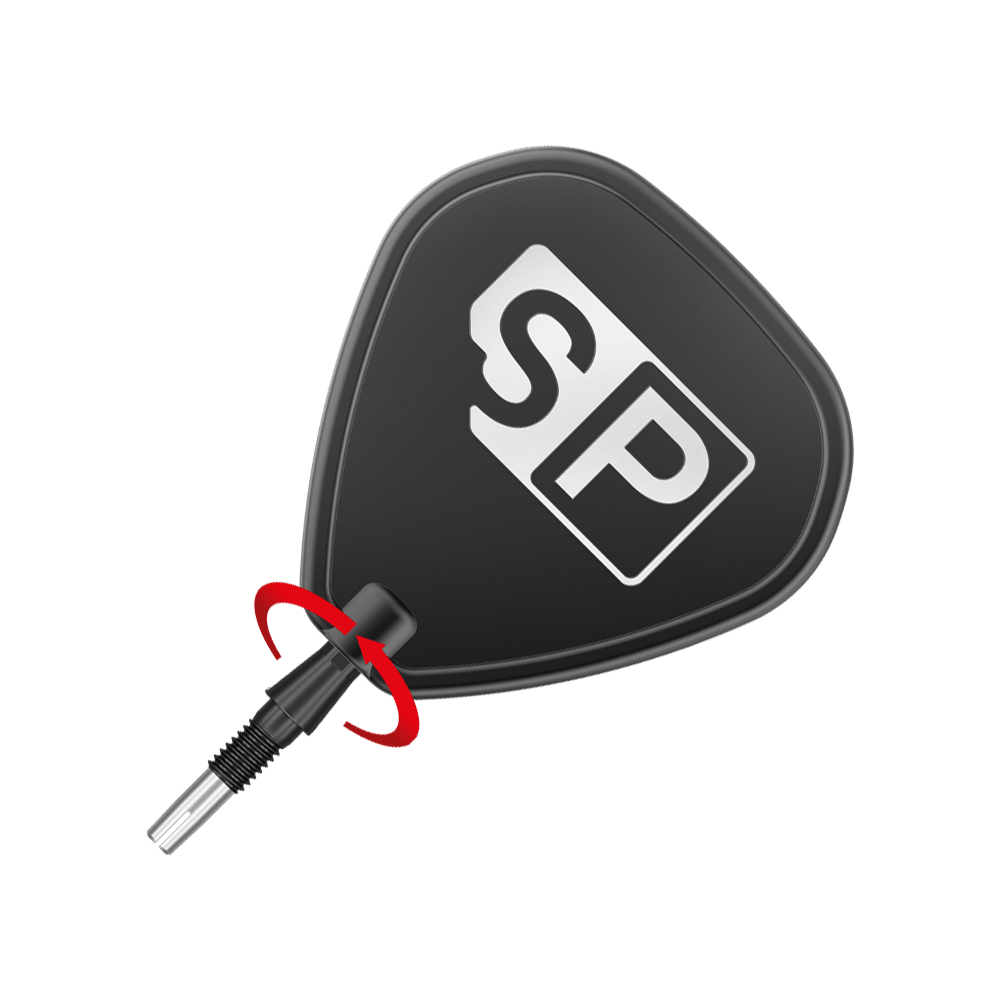 Pointes de fléchettes Target Swiss Storm Onyx Point - Noires Das Bild zeigt eine schwarze Dartspitze mit der Aufschrift "SP". Ein roter Pfeil zeigt, dass die Spitze gedreht werden kann.