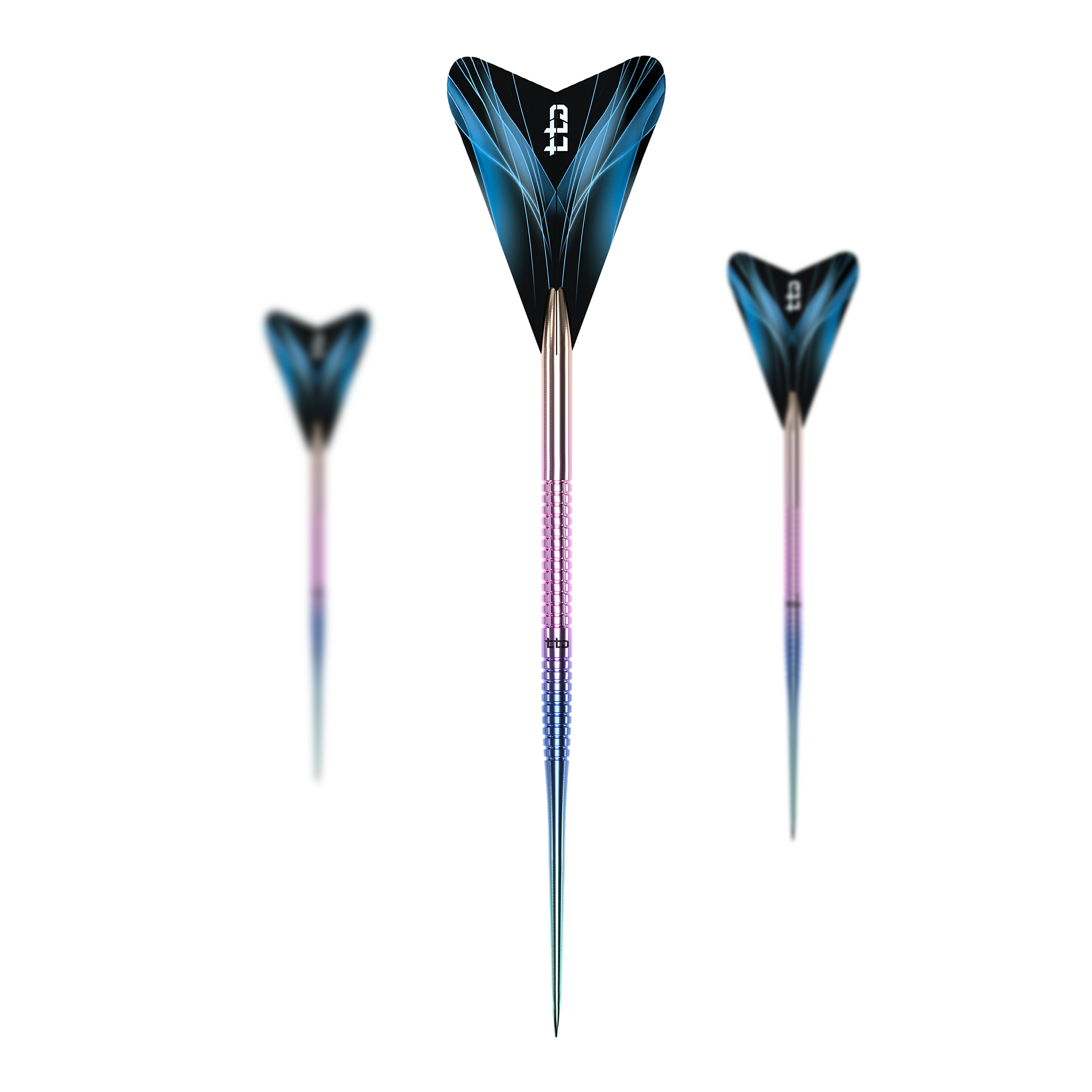 Caliburn TTD Complete Titanium T1 Rainbow Steeldarts - 5 g Dies ist ein Set des Caliburn TTD Complete Titanium T1 Rainbow Steeldarts - 5g. Mehrere Dartpfeile mit regenbogenfarbenem Design sind zu sehen.