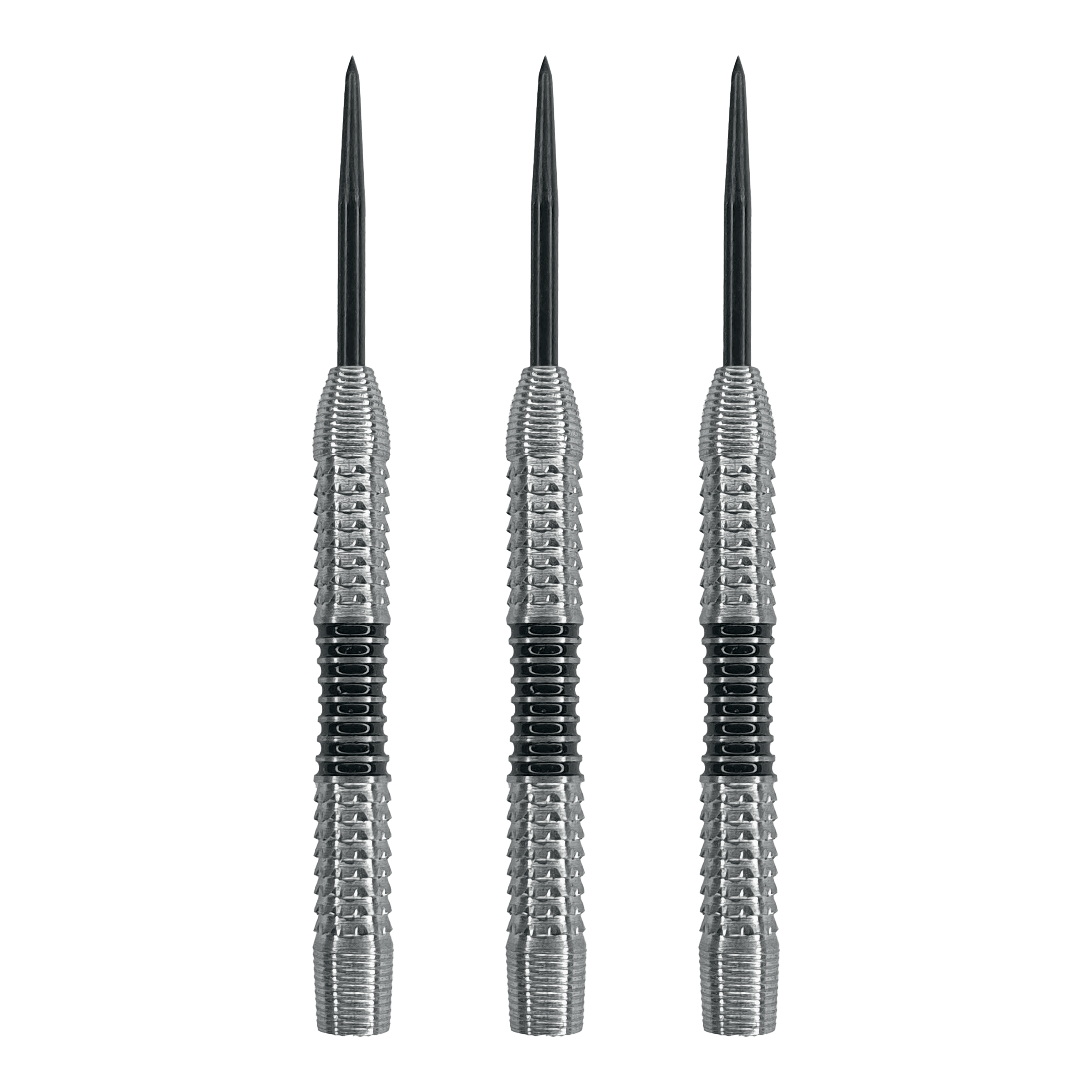 Corps de fléchettes en acier McDart Black Stripe 2 - 22 g Das Bild zeigt drei Steeldart-Barrels mit silberner Oberfläche und schwarzen Ringen in der Mitte. Es handelt sich um das Produkt "McDart Black Stripe 2 Steeldart-Barrels - 22g".