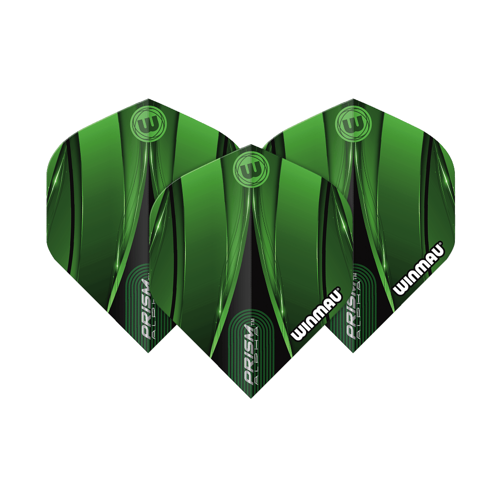 Vols standard verts Winmau Alpha Sniper Das Bild zeigt drei grüne Dart-Flights des Modells „Winmau Alpha Sniper Green Standard Flights“. Die Flights haben ein modernes, grünes Design mit schwarzen Akzenten und dem weißen Winmau-Logo.