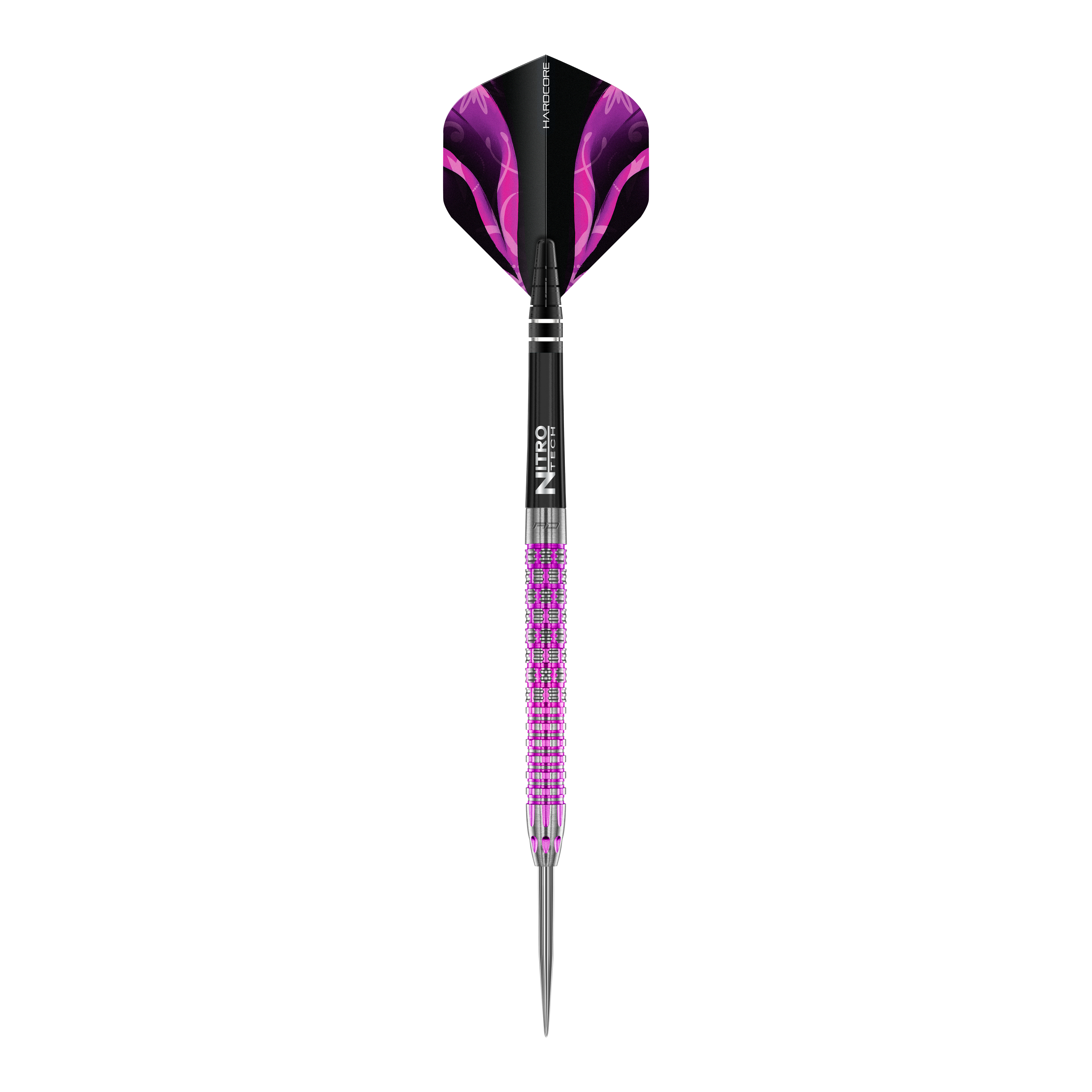 Fléchettes en acier tyrien du Dragon Rouge Das Bild zeigt einen Red Dragon Tyrian Steeldart mit auffälligen lila und silbernen Details. Der Dart hat eine metallische Spitze und ein schwarzes Flight mit lila Muster.