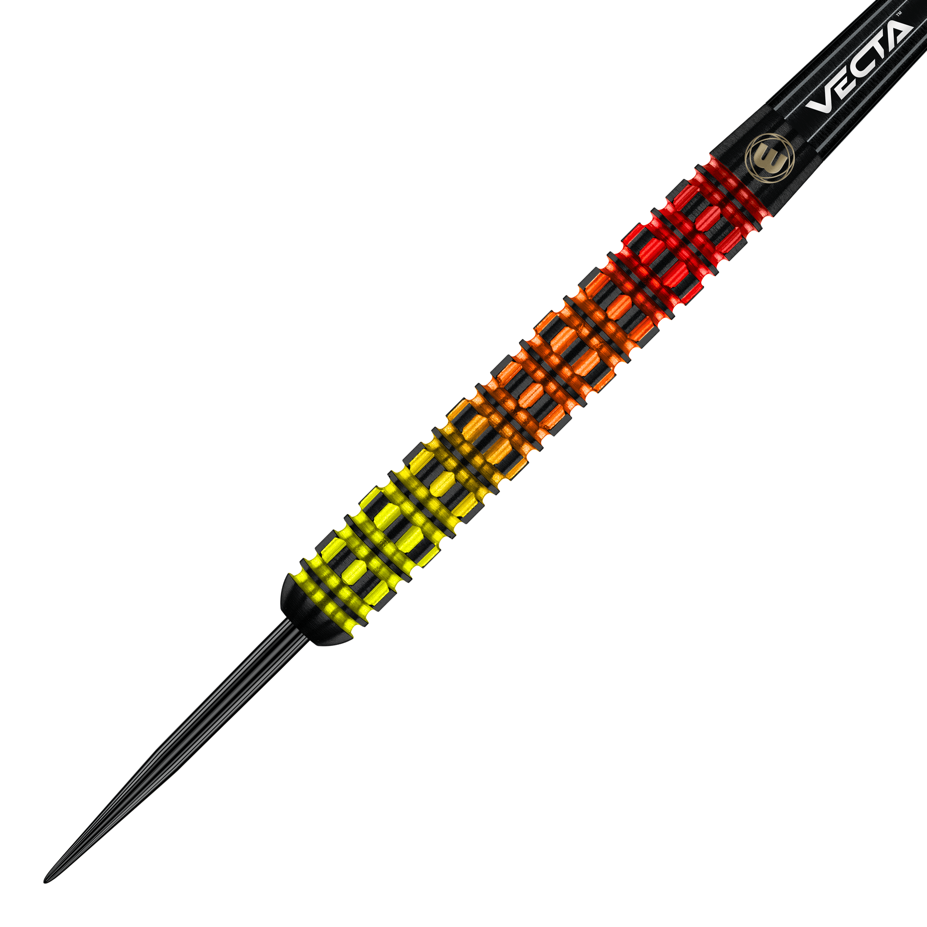 Fléchettes en acier parallèles Winmau Firestorm Flame Das Bild zeigt den Winmau Firestorm Flame Parallel Steeldart. Der Dart hat einen auffälligen Farbverlauf von Gelb über Orange zu Rot und ein markantes Rillendesign am Barrel.