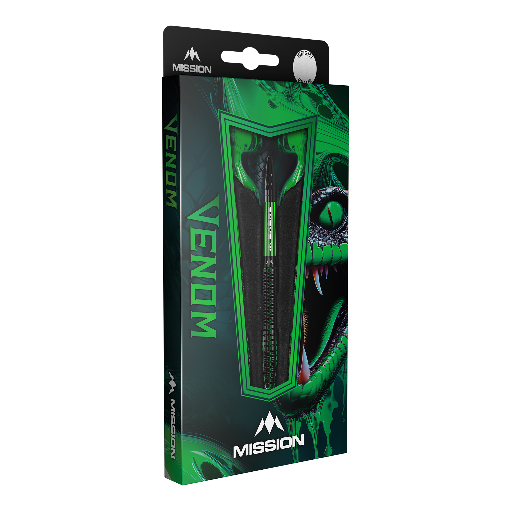 Fléchettes en acier Mission Venom Die Abbildung zeigt eine Packung der "Mission Venom Steeldarts". Die Verpackung ist hauptsächlich grün und schwarz gestaltet und zeigt ein auffälliges Schlangendesign.