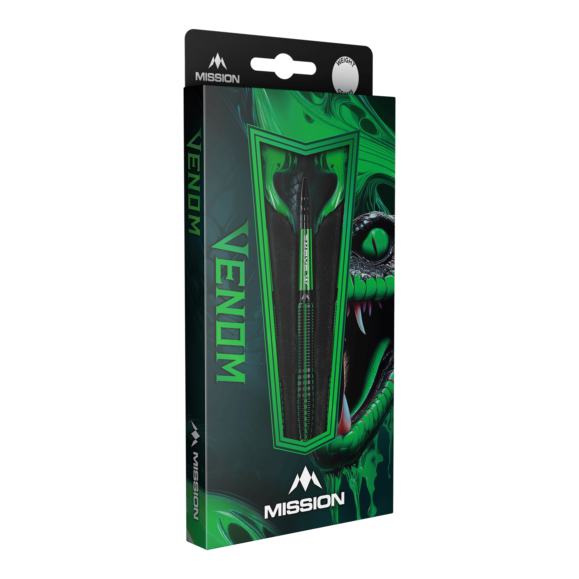Fléchettes en acier Mission Venom Mehrere Mission Venom Steeldarts liegen nebeneinander. Die Oberfläche ist fein strukturiert.