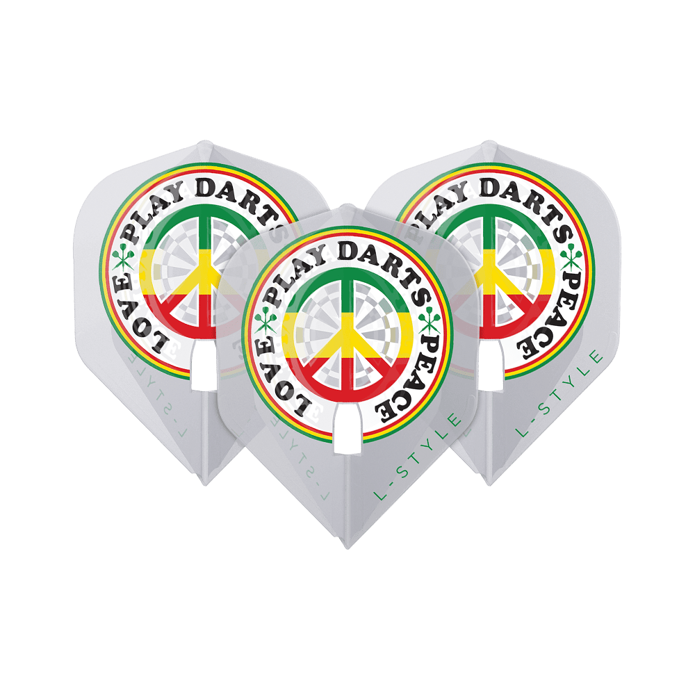 Das Bild zeigt drei weiße Dart-Flights der Marke L-Style Deta Hedman V4 L1PRO. Auf den Flights steht in bunten Farben der Schriftzug "LOVE PLAY DARTS PEACE" um ein Peace-Zeichen.