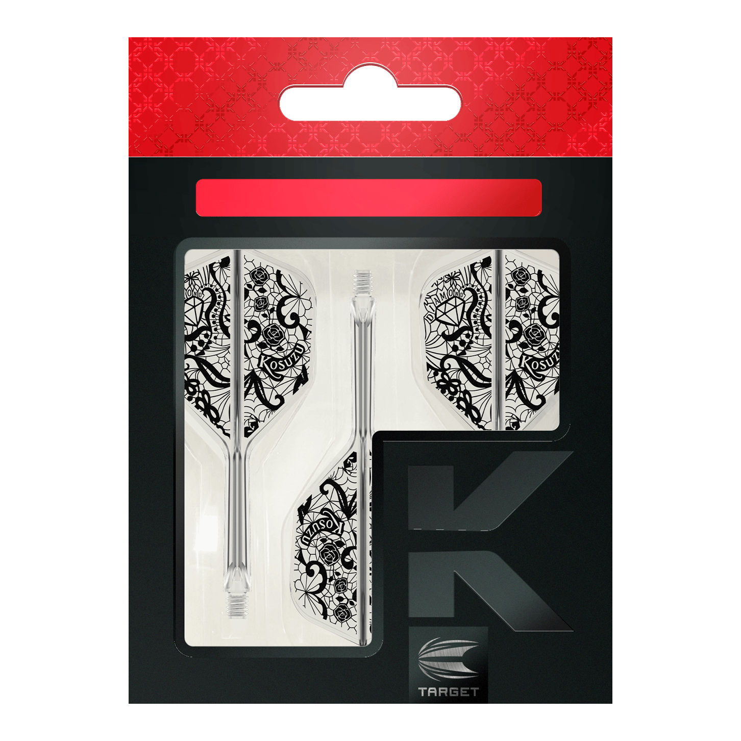 Système d'arbre de vol Target Japan K-Flex Diamond No6 Das Bild zeigt die Verpackung des Produkts "Target Japan K-Flex Diamond No6 Flight-Shaft-System". Zu sehen sind drei transparente Dartschäfte mit weißen Flights, die ein detailliertes, schwarzes Muster haben.